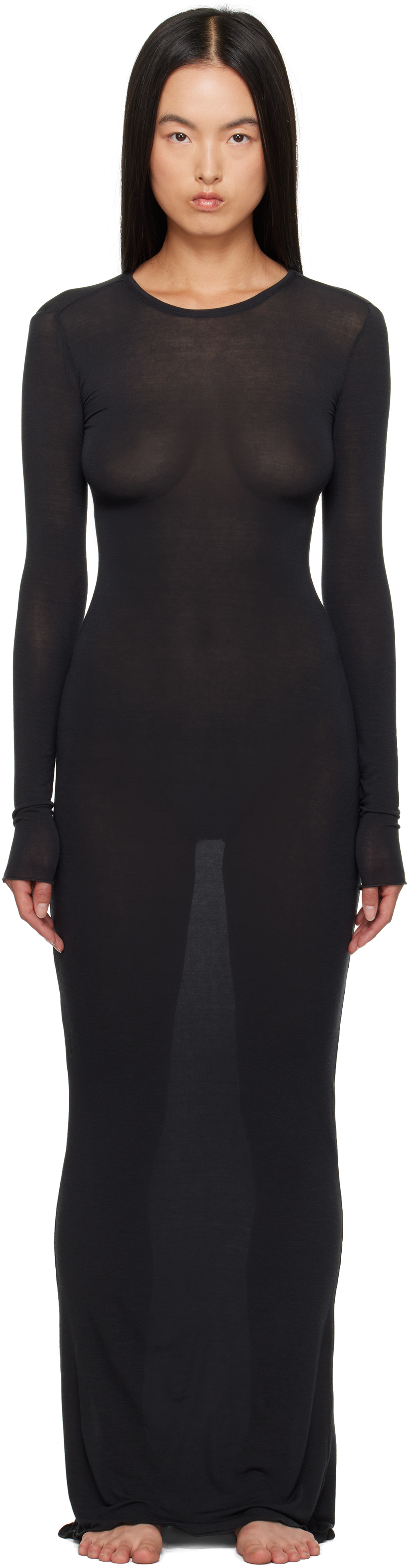 Shop Skims Ssense Exclusive Black Sheer Modal Long Sleeve Maxi Dress In Onyx