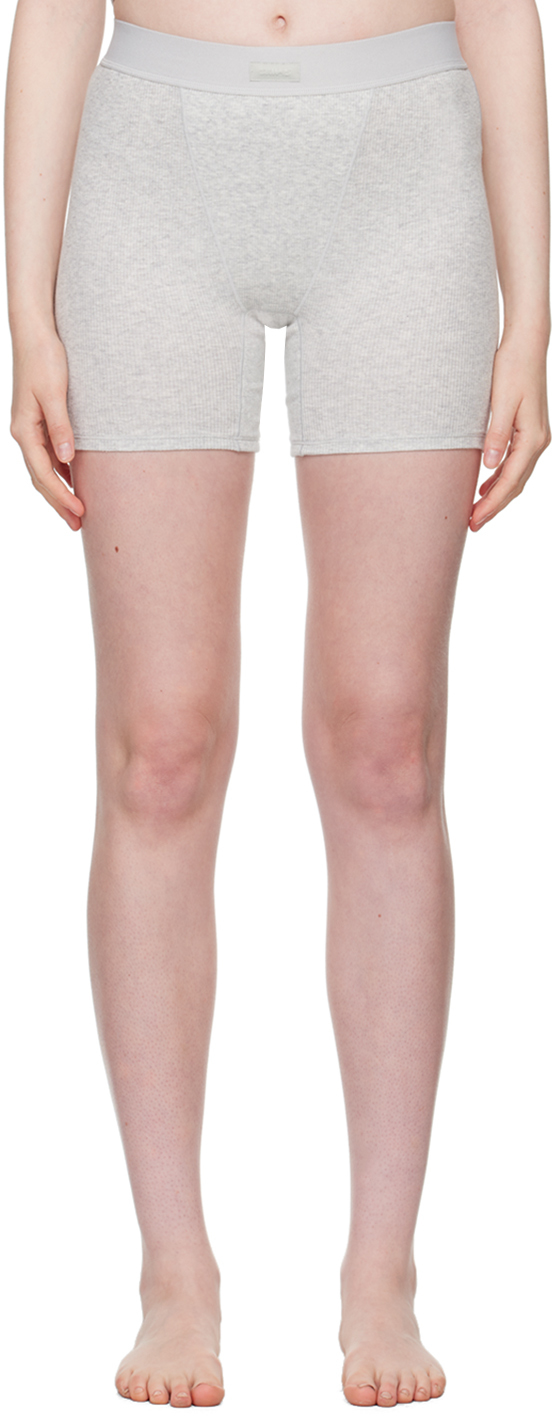 Shop Skims Gray Cotton Rib Boy Shorts In Light Heather Grey