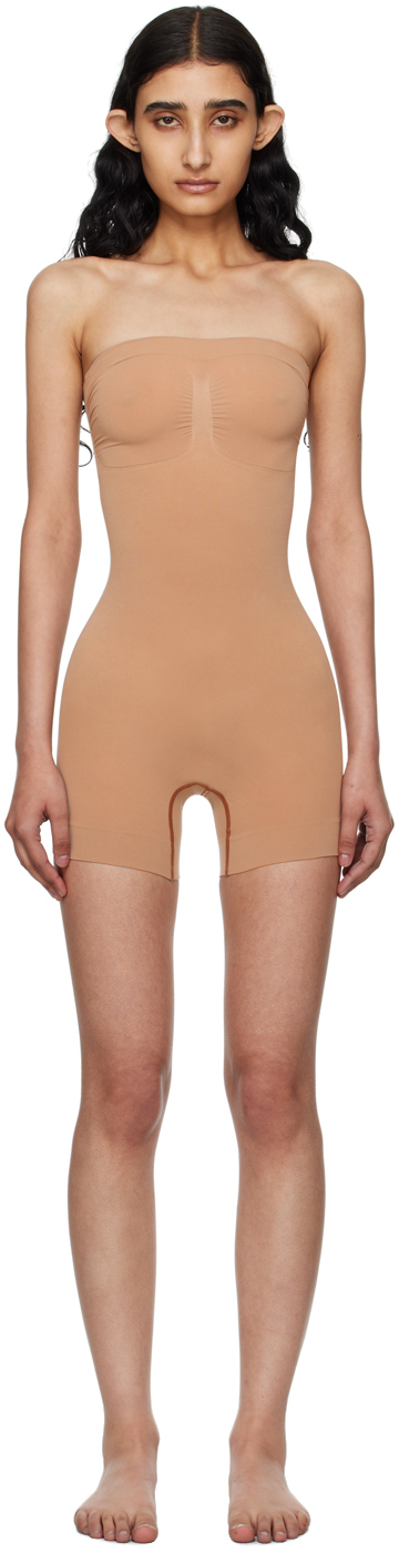 Shop Skims Tan Seamless Sculpt Strapless Shortie Bodysuit In Sienna