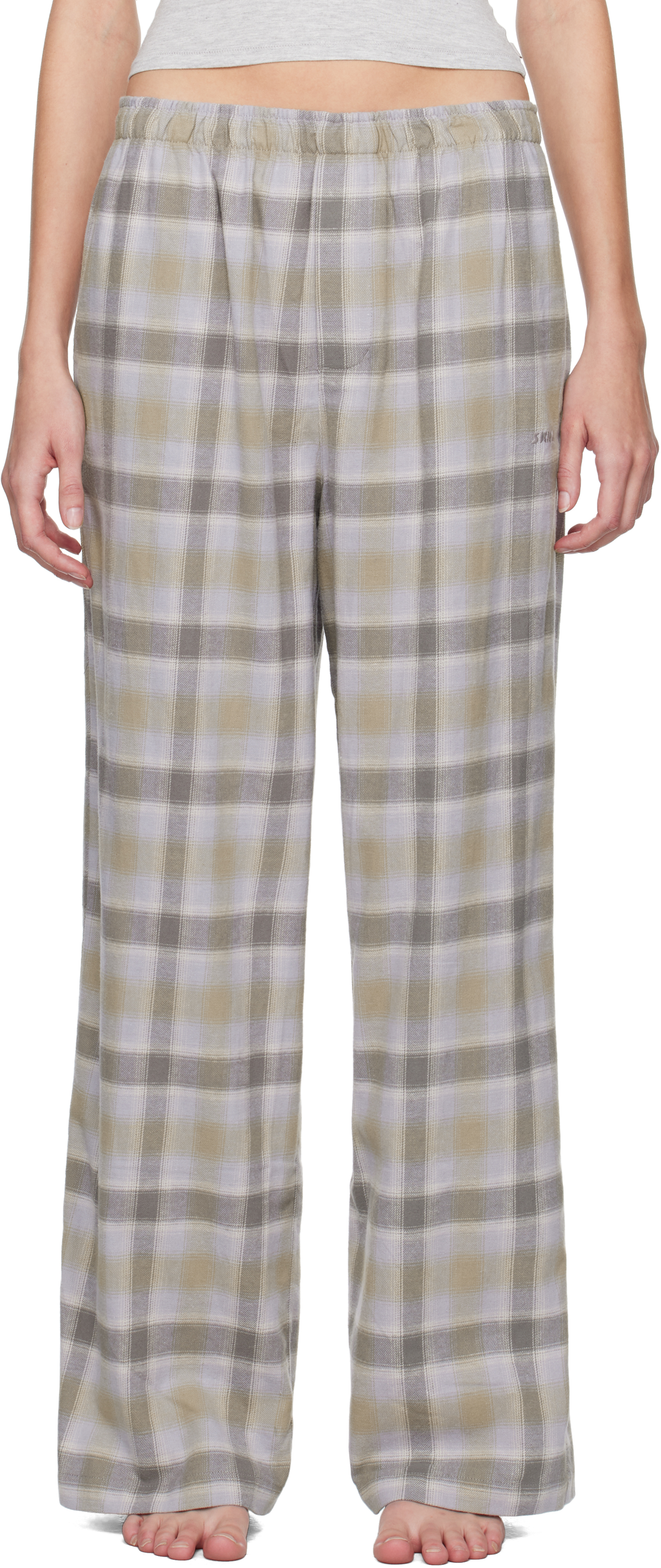 Shop Skims Ssense Exclusive Taupe Flannel Sleep Straight Leg Pyjama Pants In Taupe Plaid