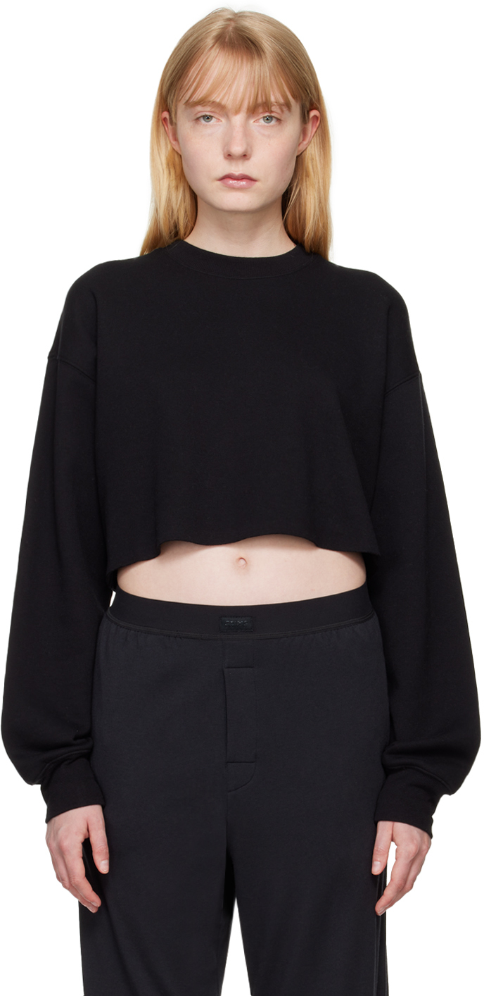 Shop Skims Black Cotton Fleece Cropped Sweatshirt In Onyx