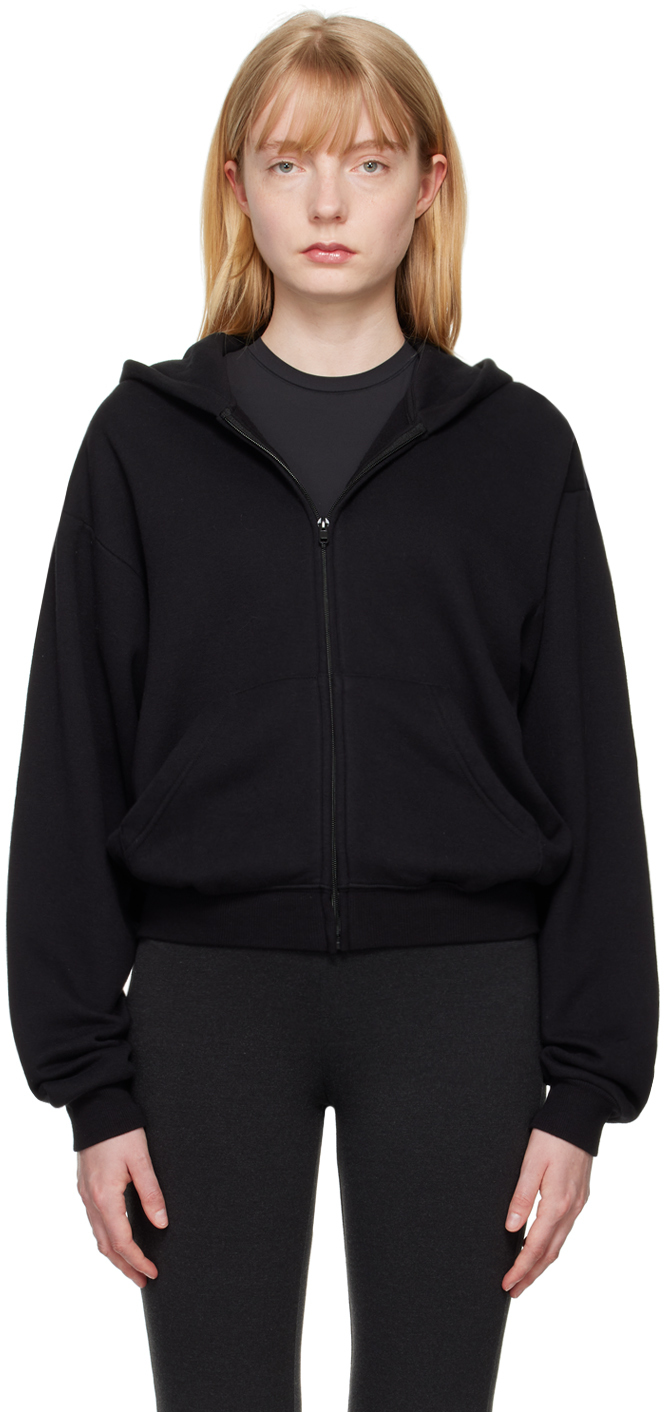 Shop Skims Black Cotton Fleece Classic Zip Up Hoodie In Onyx