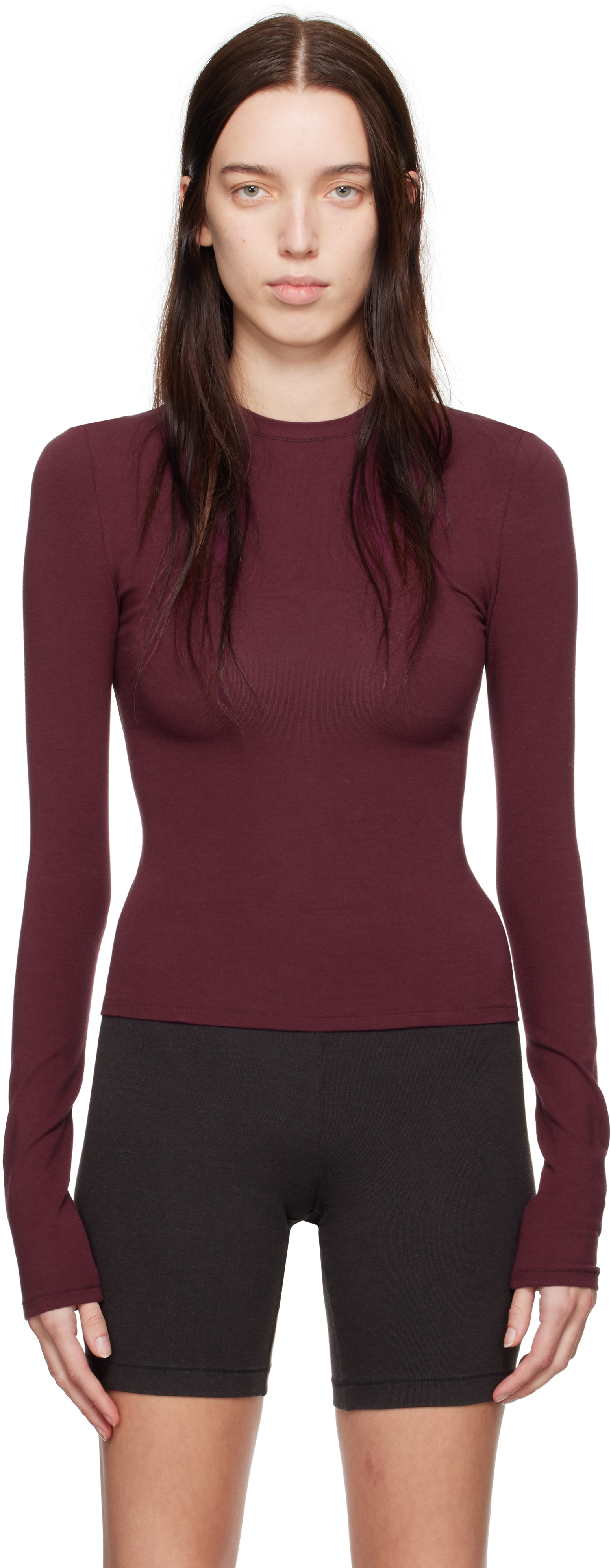 Shop Skims Burgundy Cotton Jersey Long Sleeve T-shirt In Deep Berry