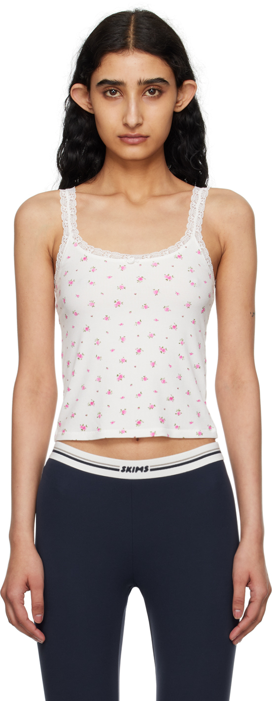 Shop Skims White Soft Lounge Lace Tank Top In Neon Orchid Rose