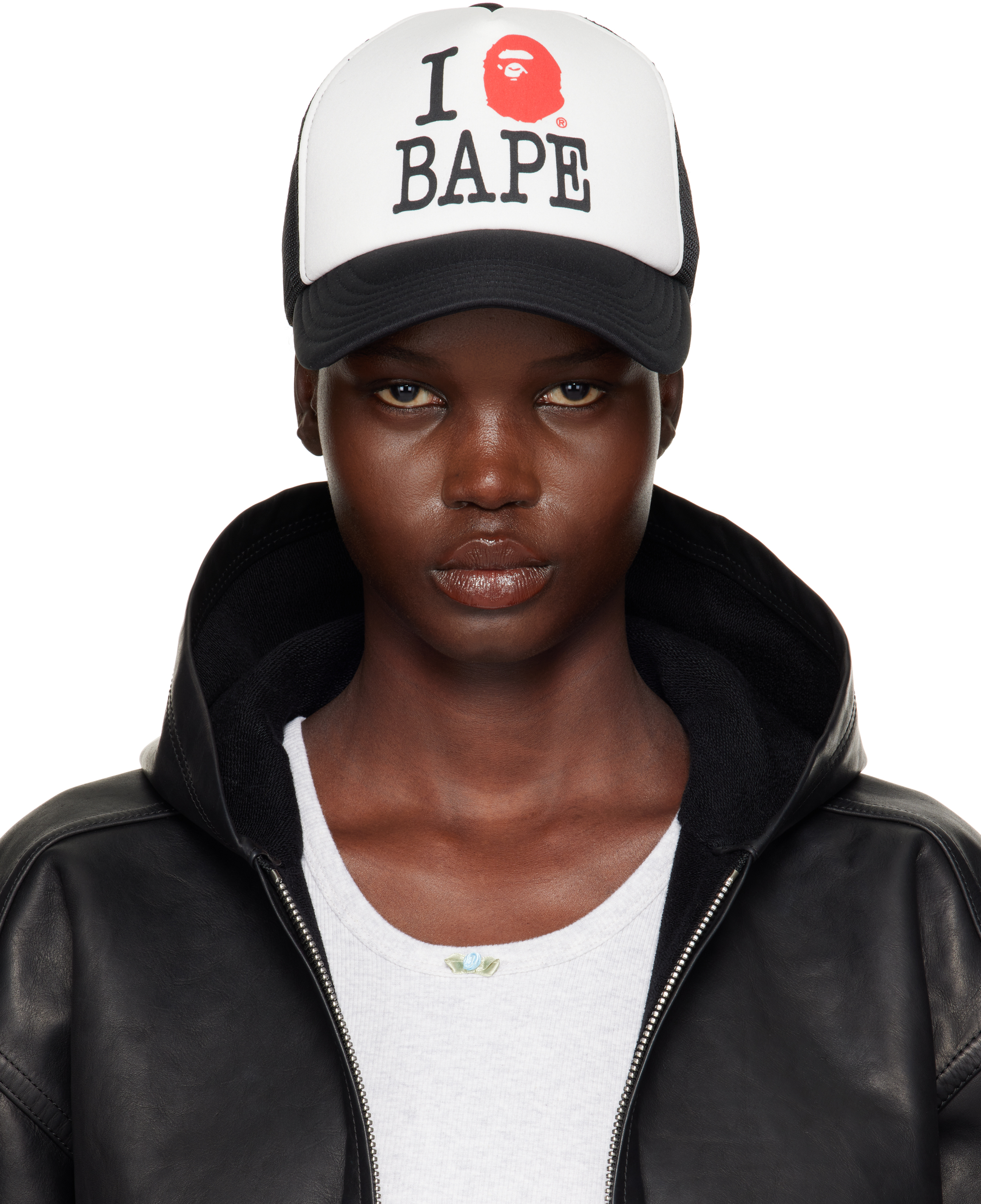 BAPE: White & Black 'I Love Bape' Mesh Cap | SSENSE