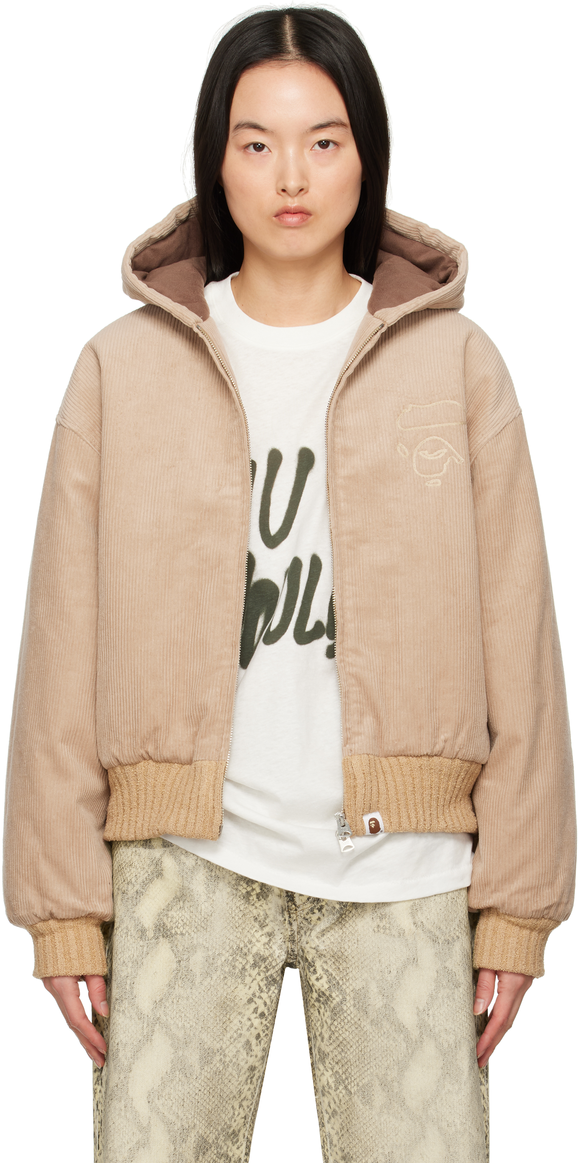 Beige Corduroy Padded Hoodie Jacket