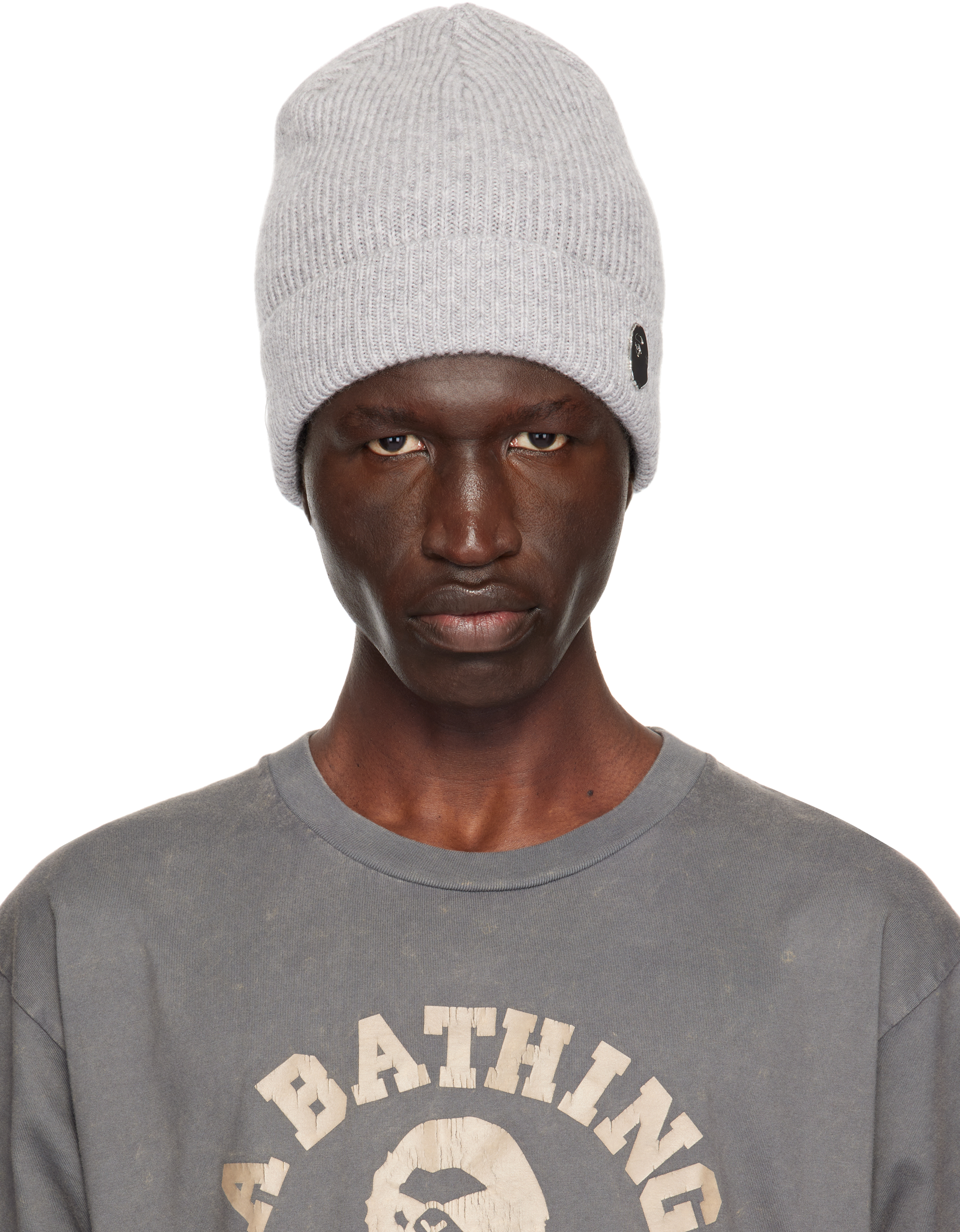 BAPE Gray One Point Knit Beanie SSENSE Canada