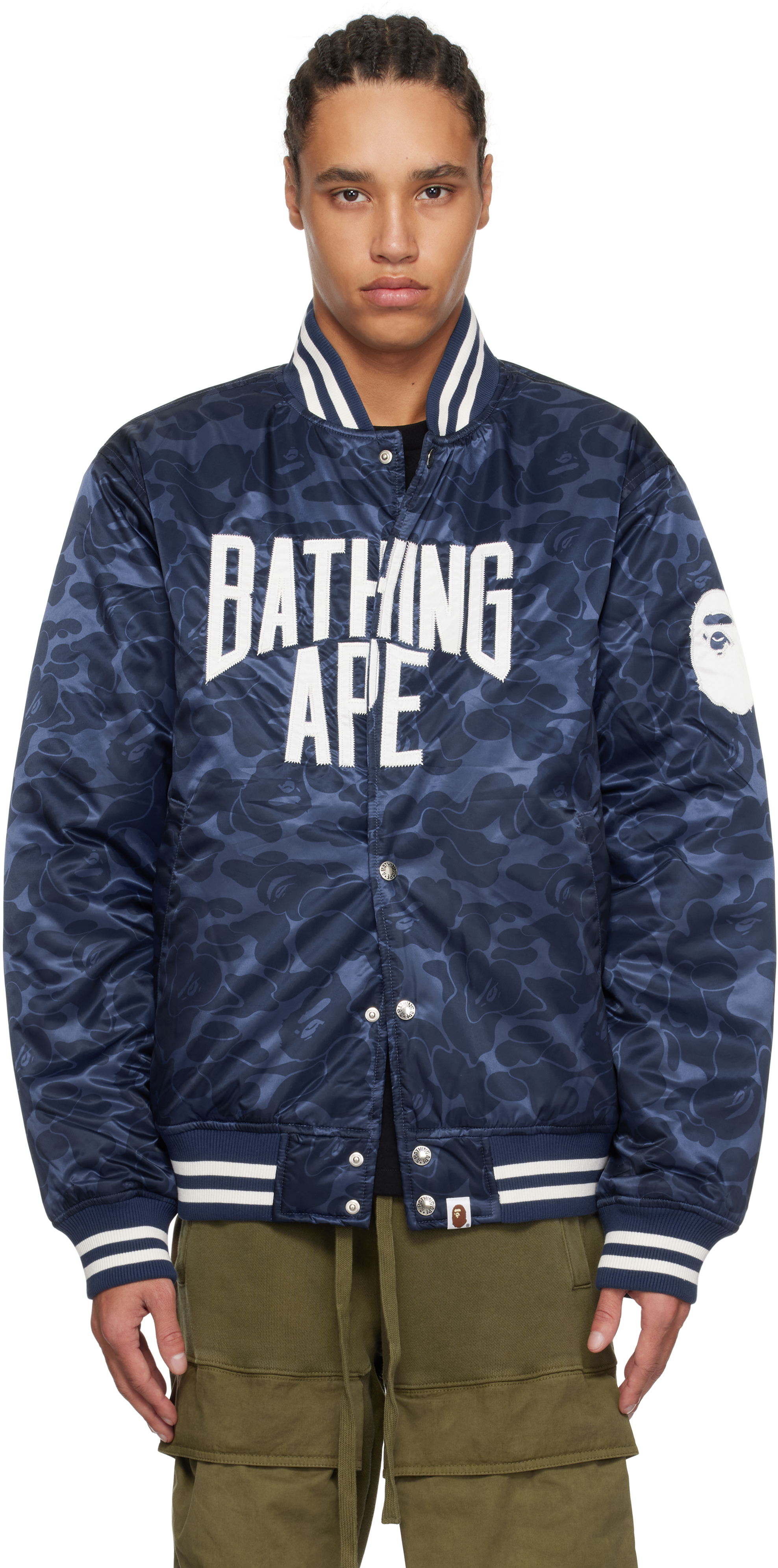 Navy Solid Camo NYC Logo Varsity Bomber Jacket