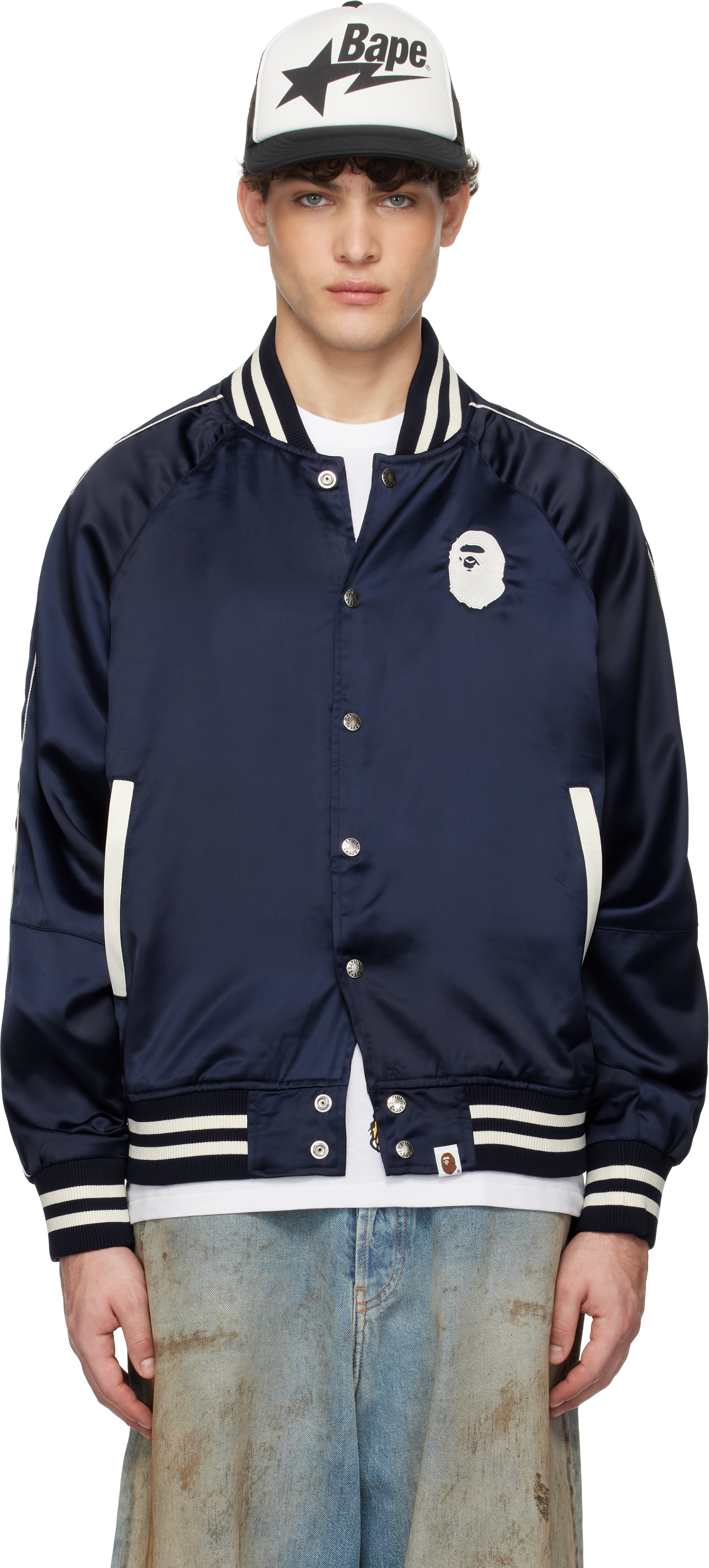 Navy 'A Bathing Ape' Nylon Varsity Bomber Jacket