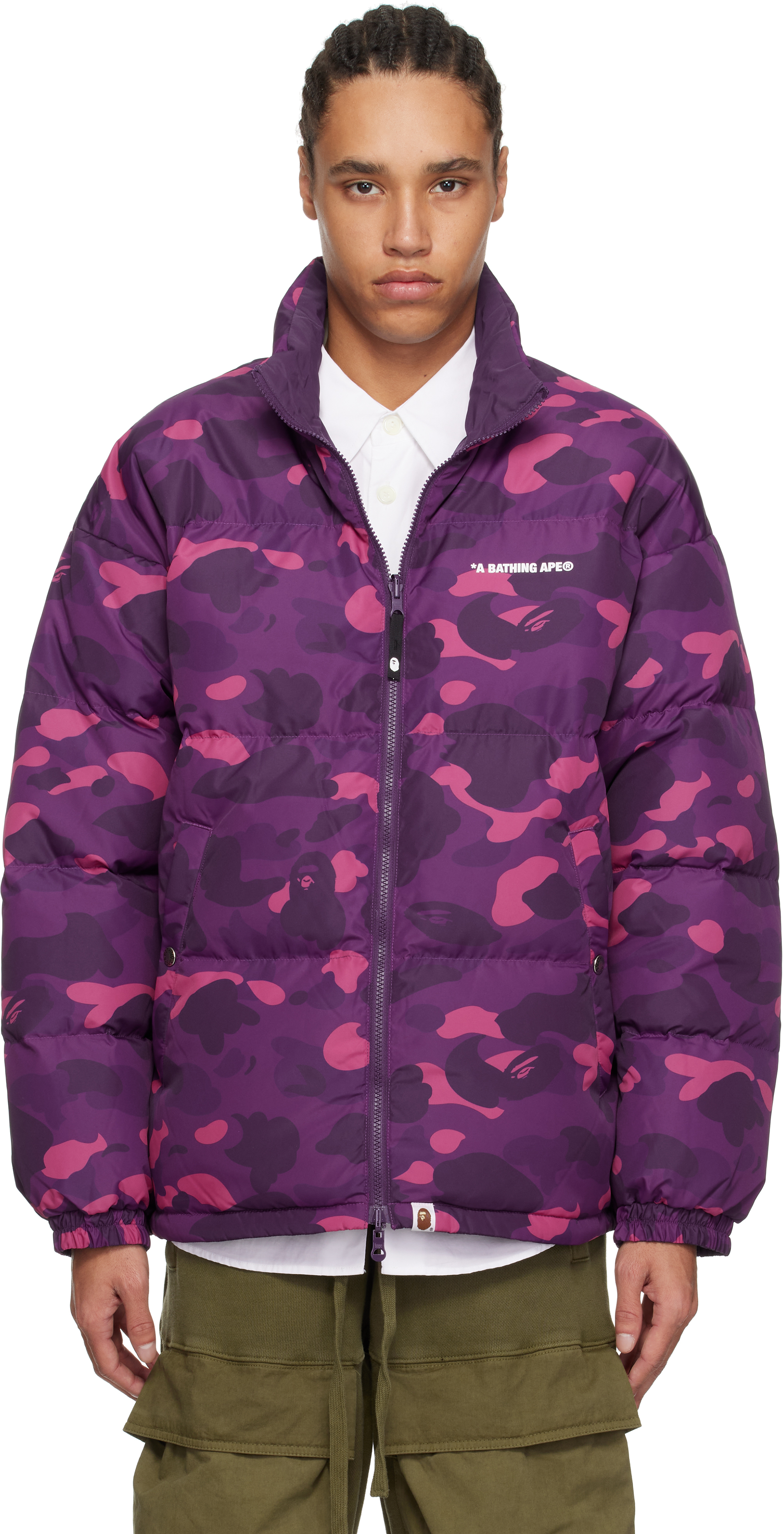 BAPE: Purple Color Camo Reversible Down Jacket | SSENSE BAPE: Purple Color Camo Reversible Down Jacket | SSENSE
