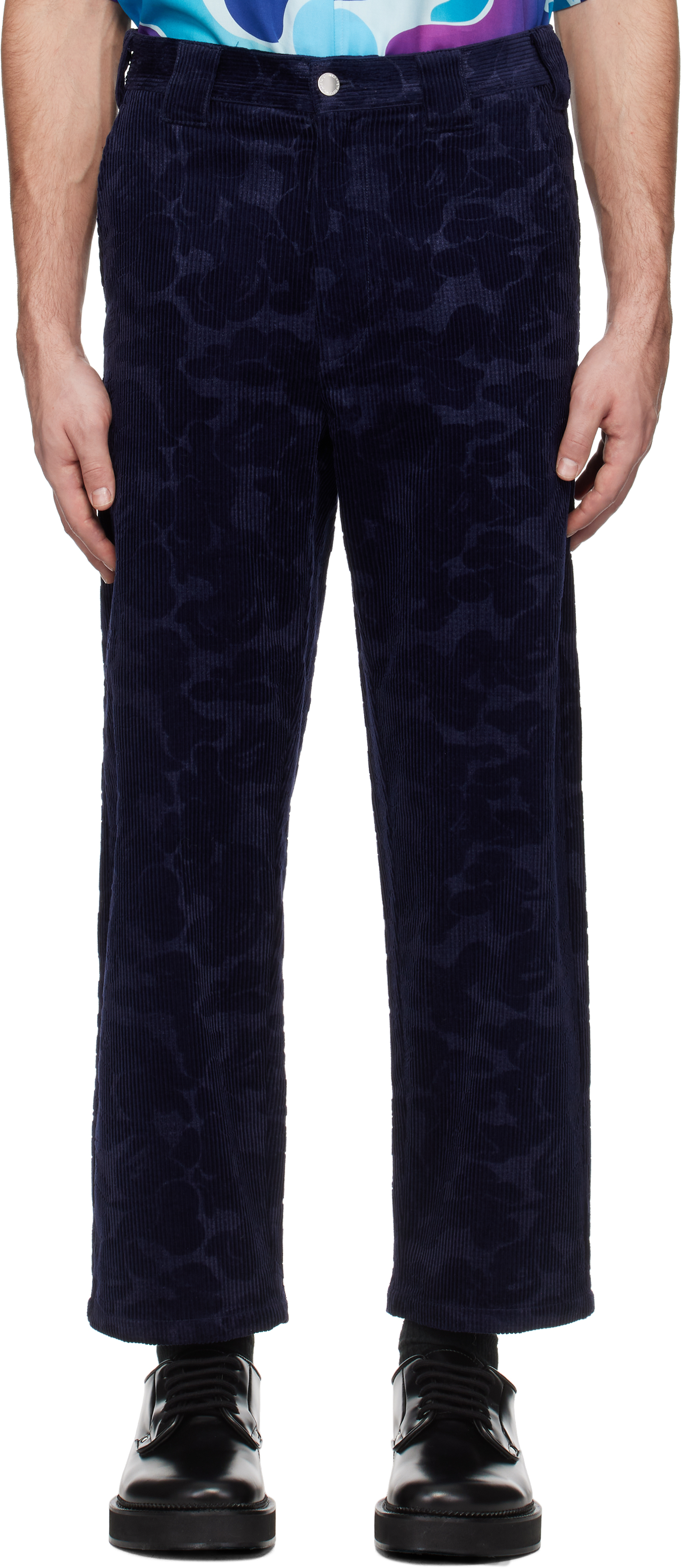 Navy Solid Camo Debossed Corduroy Trousers