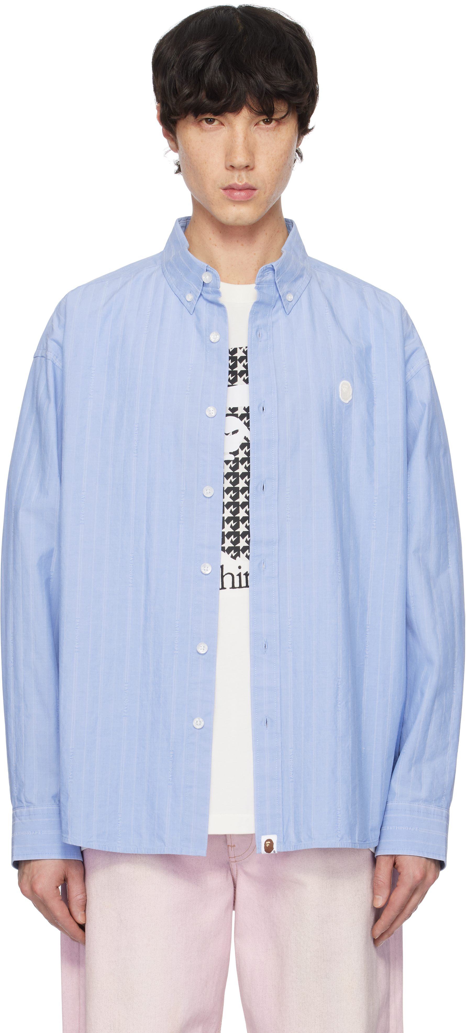 Blue Ape Head One Point Logo Stripes Shirt