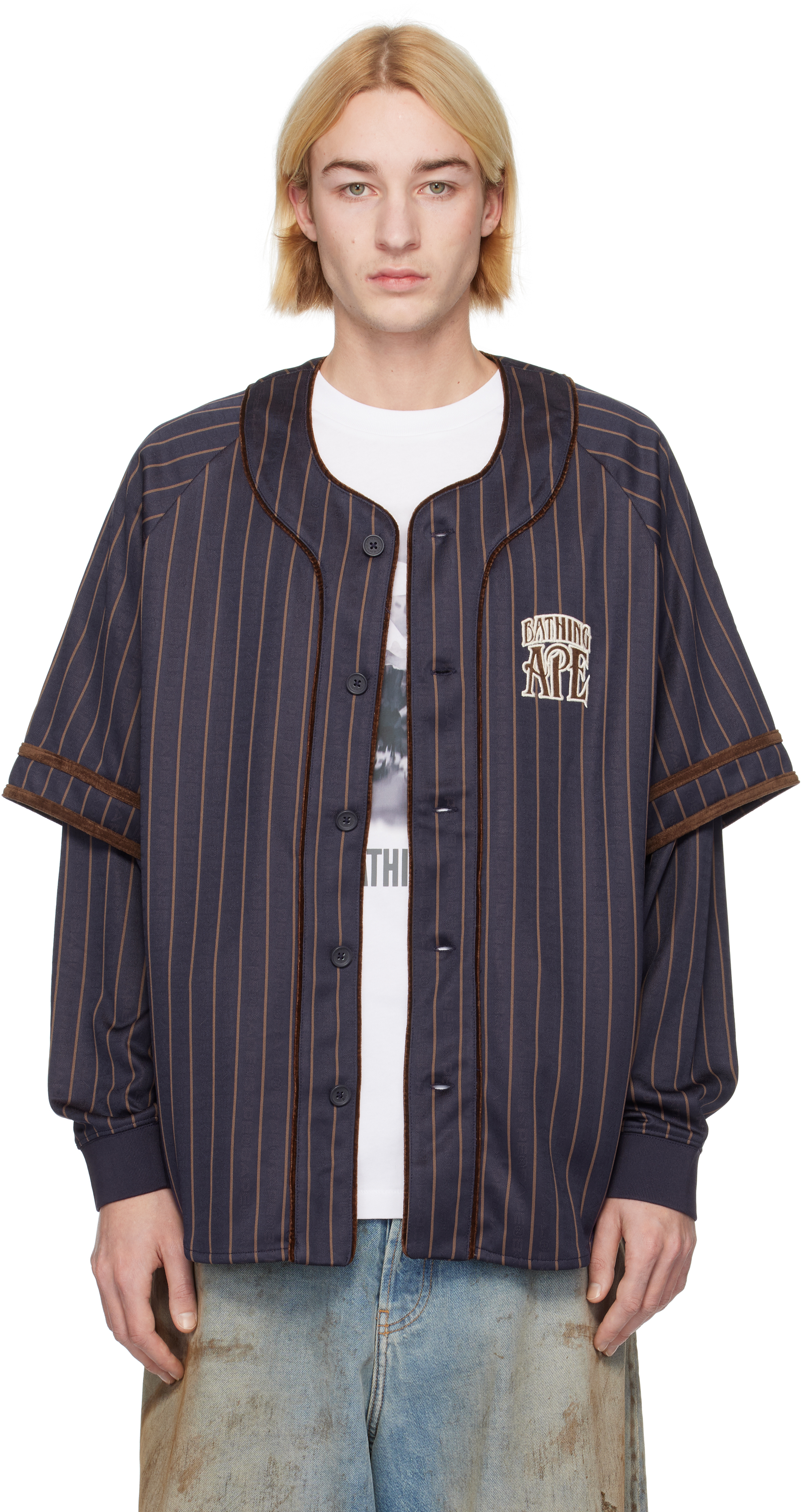 White Stripe Layered LS Baseball Shirt