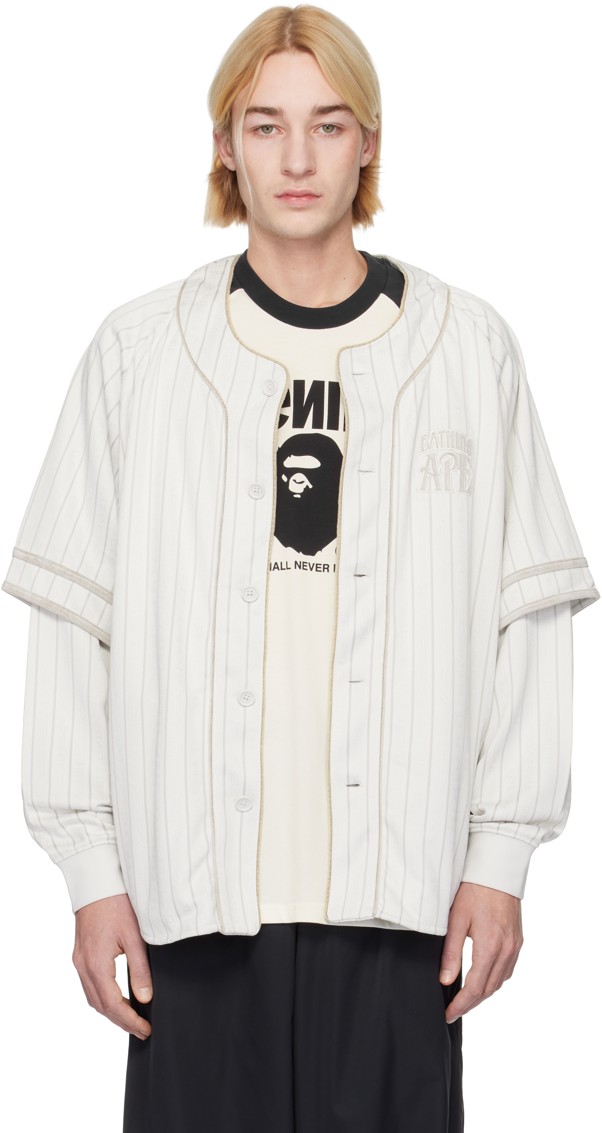 White Stripe Layered LS Baseball Shirt