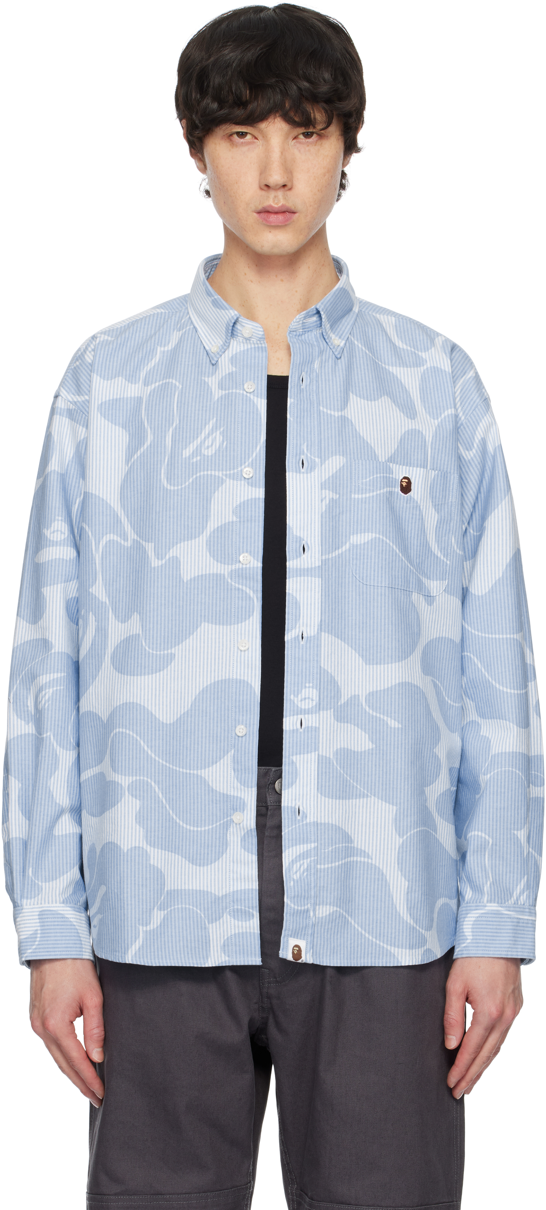 Blue & White Solid Camo Stripe Relaxed Fit Shirt