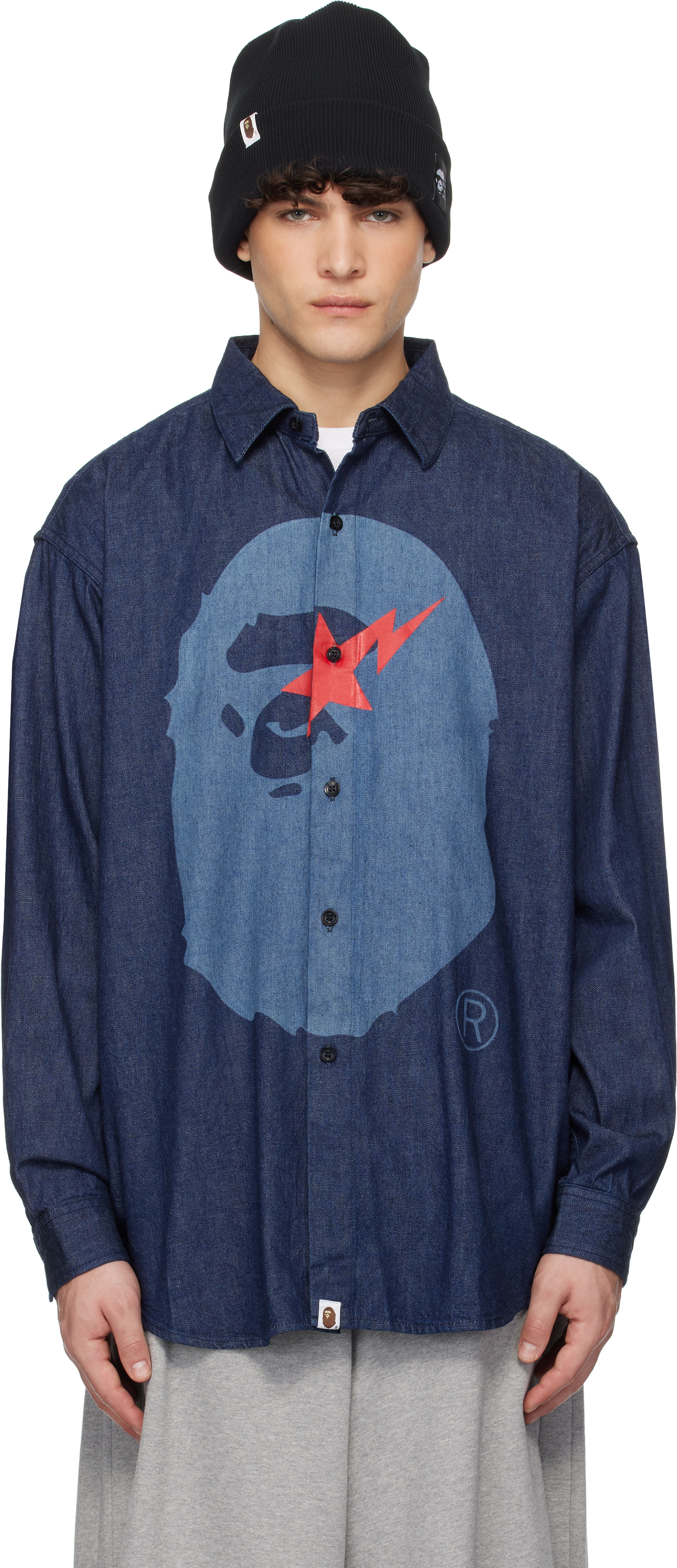 Navy STA Ape Head Relaxed Fit Denim Shirt