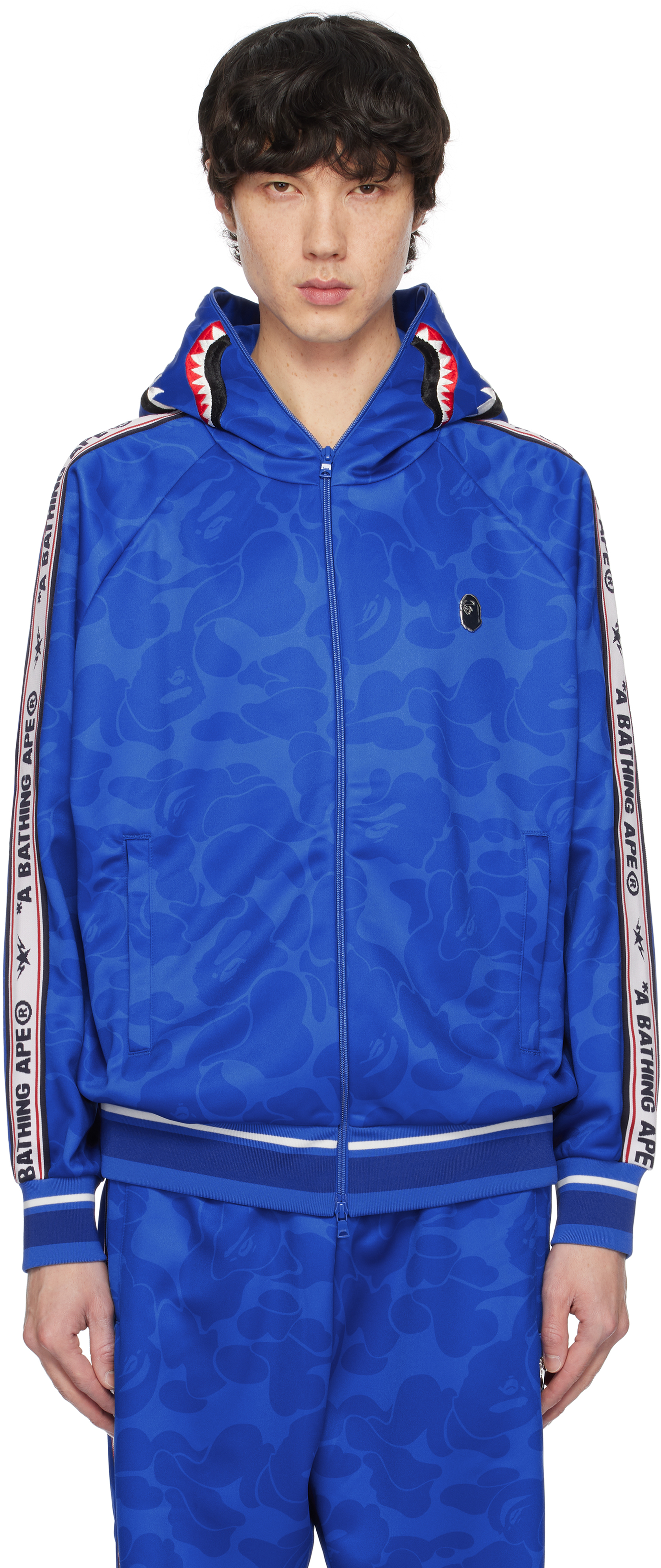 Blue Solid Camo Relaxed Fit Shark Full Zip Hoodie