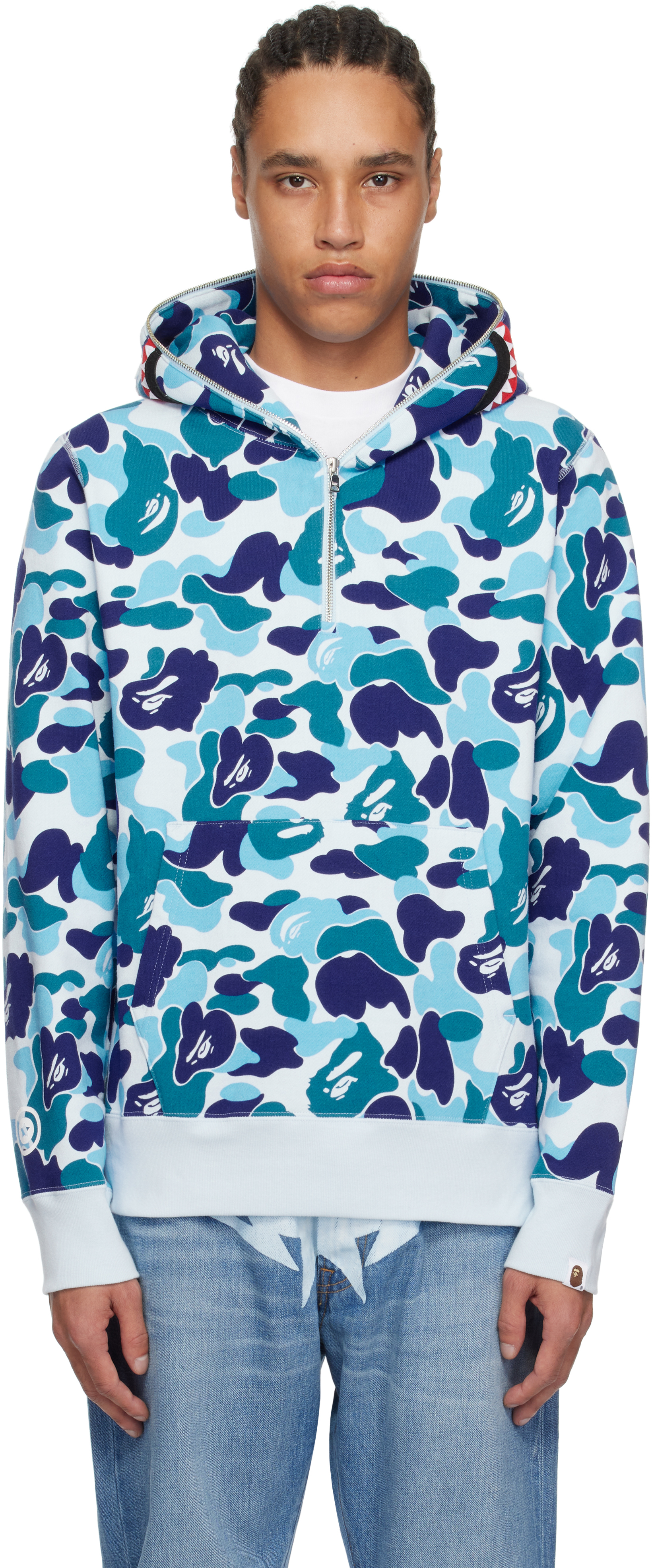 Blue ABC Camo Shark Half Zip Hoodie by BAPE on Sale