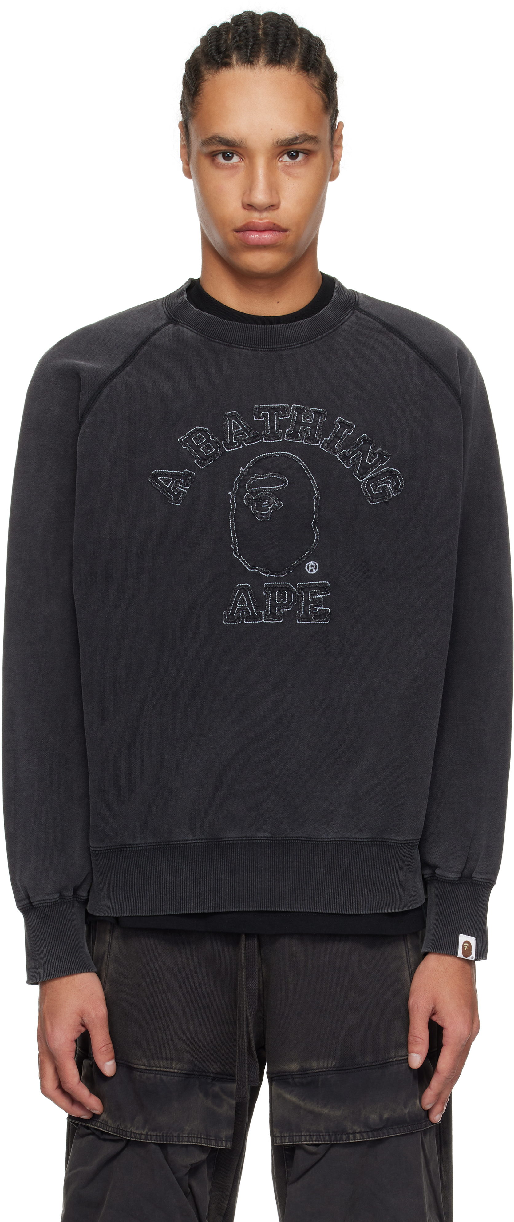 Black Washed Effect College Patch Relaxed Fit Sweatshirt