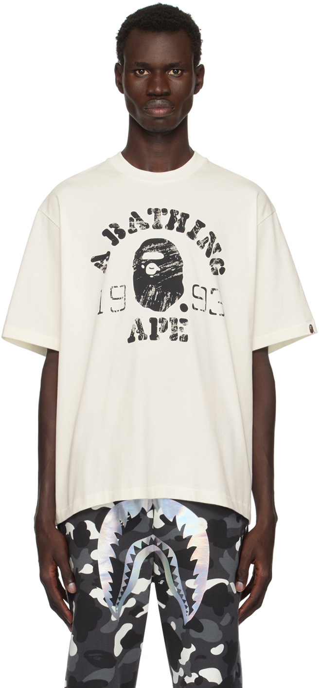 Shop Bape Off-white Screen Print College Relaxed Fit T-shirt In Ivory