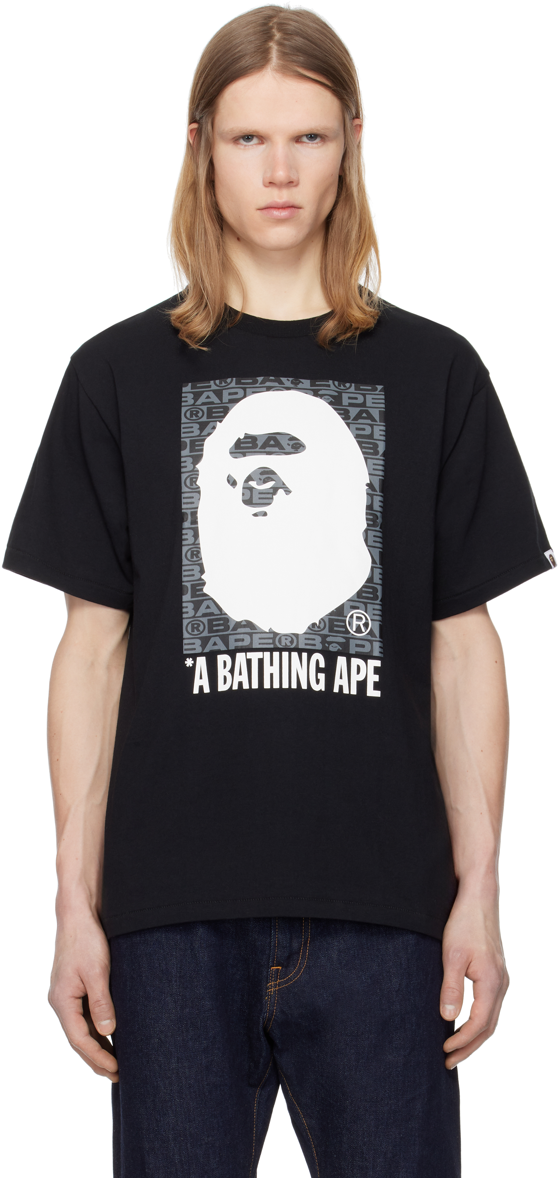 BAPE: Black Lux Sports Pattern Box Ape Head T-shirt | SSENSE BAPE: Black Lux Sports Pattern Box Ape Head T-shirt | SSENSE