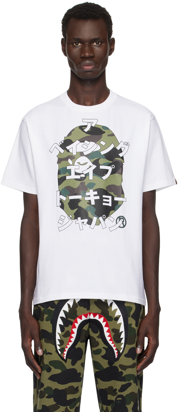 Shop Bape White 1st Camo  Katakana T-shirt In White X Green