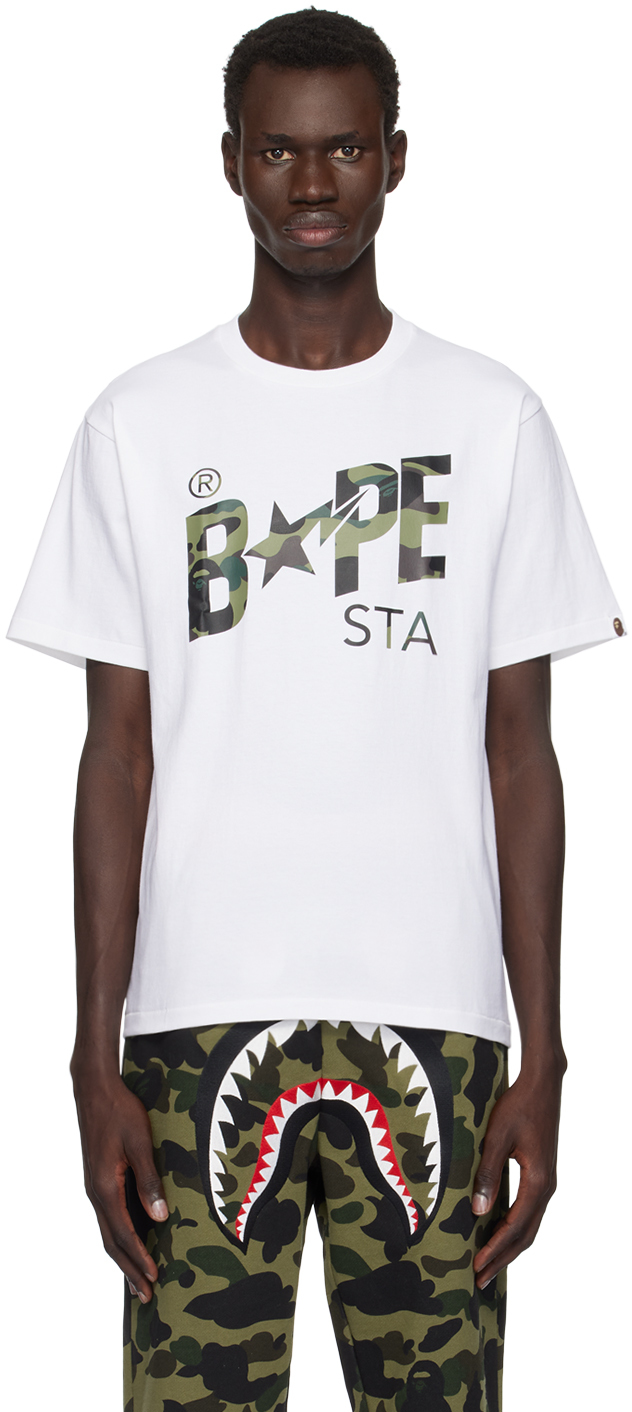 Shop Bape White 1st Camo  Sta T-shirt In White X Green