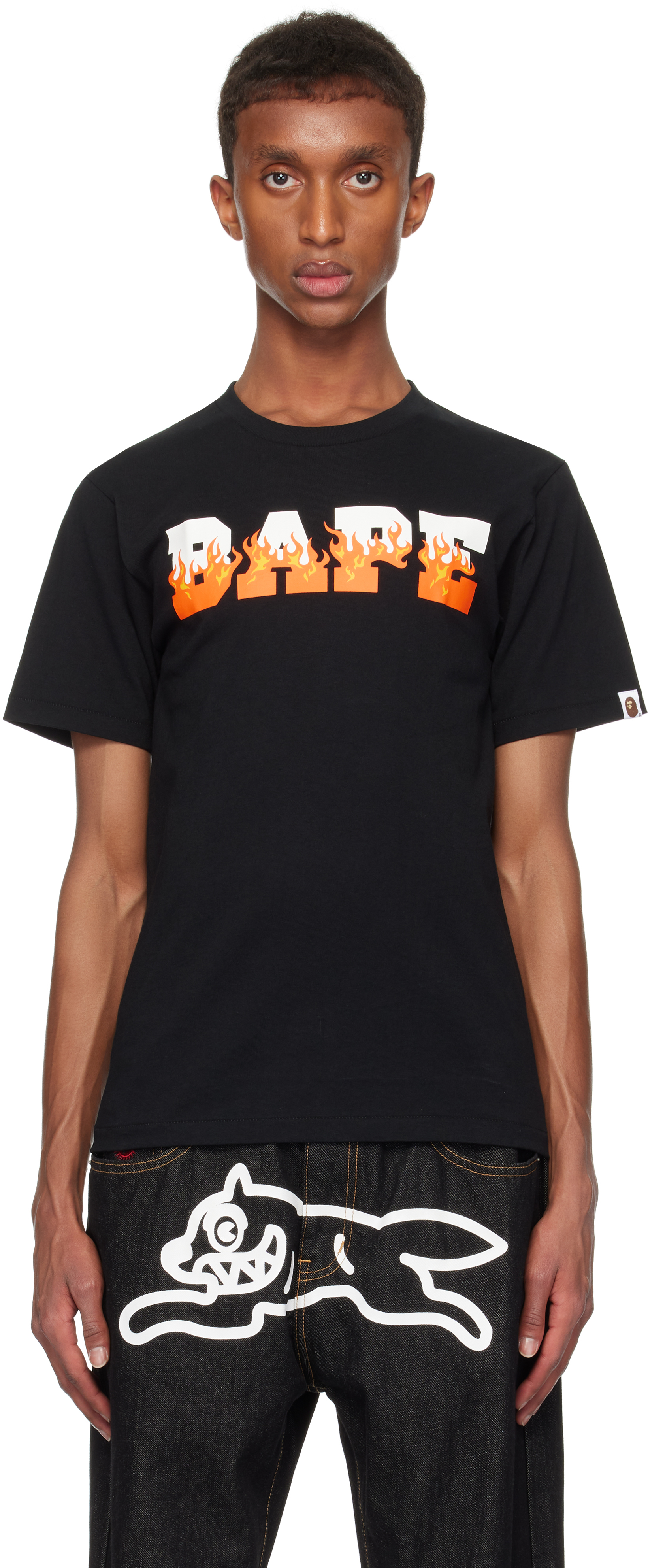 Shop Bape Black & Red Flame '' Logo T-shirt In Black X Red