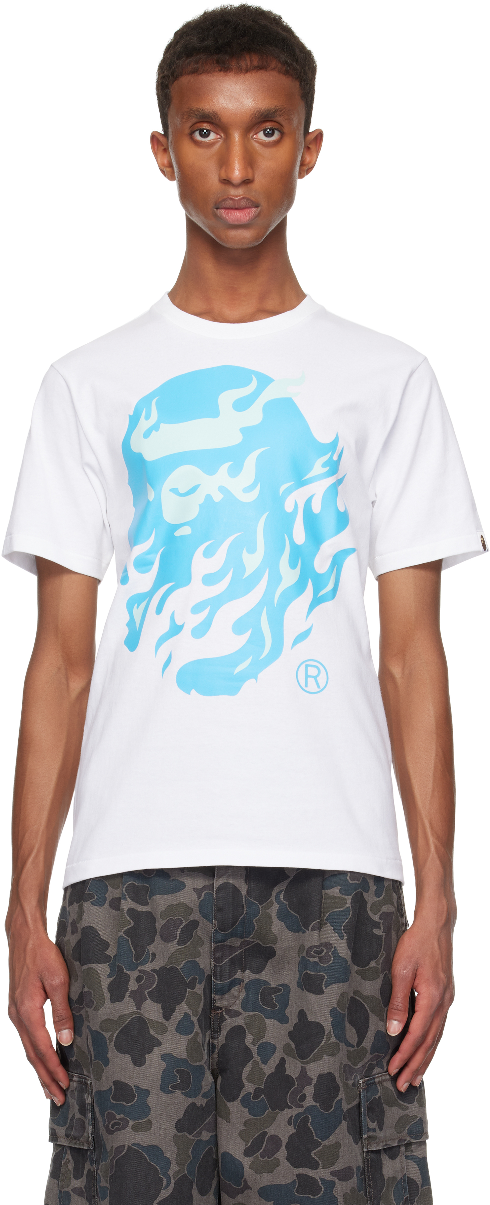 Shop Bape White & Blue Flame Ape Head T-shirt In White X Blue