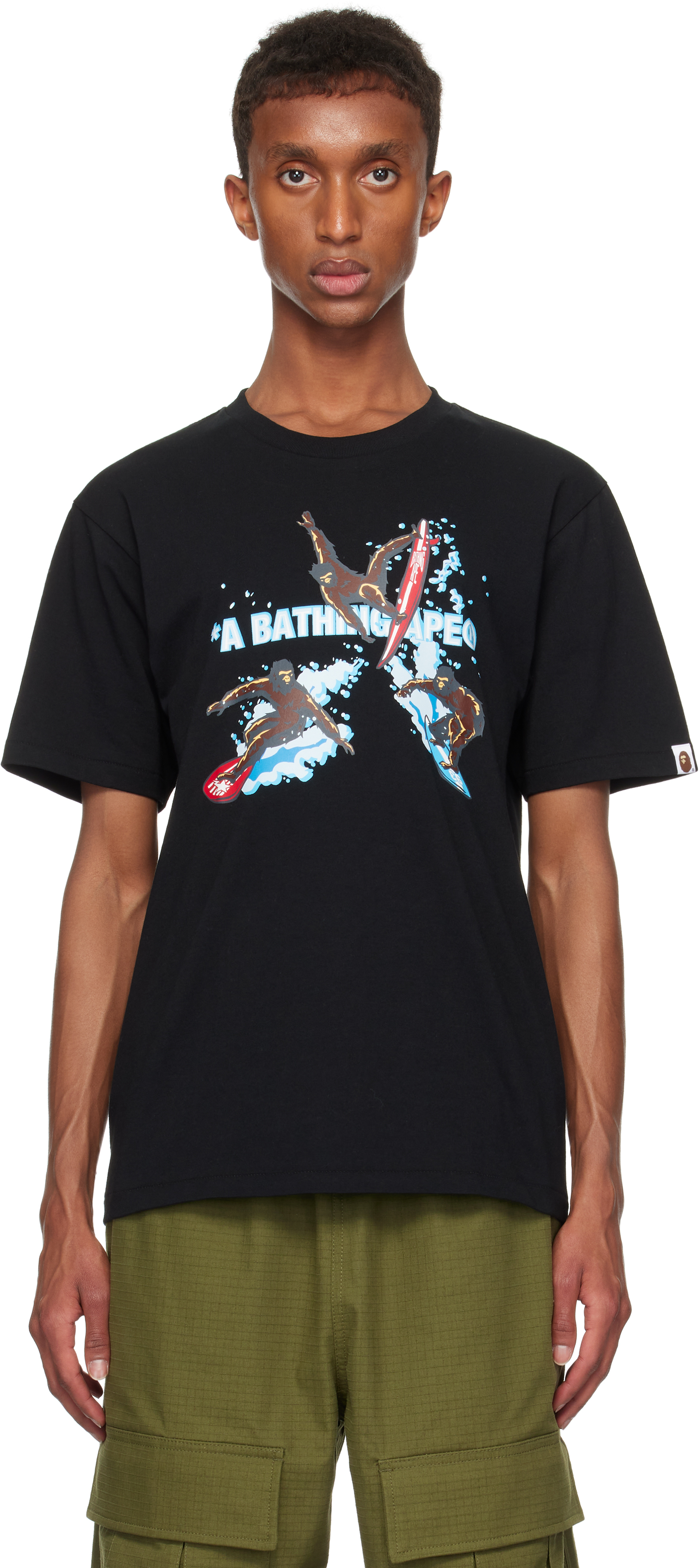 Shop Bape Black Printed Surfing Apes T-shirt