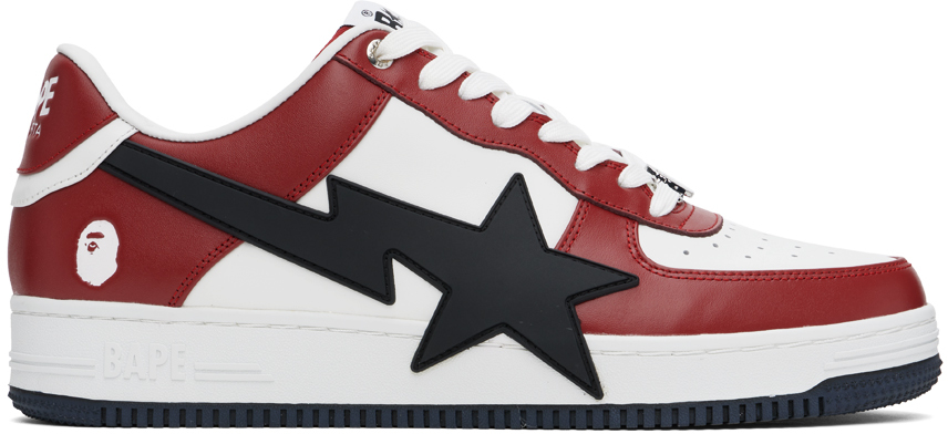 BAPE: White & Red Bape Sta OS #2 Sneakers | SSENSE BAPE: White & Red Bape Sta OS #2 Sneakers | SSENSE
