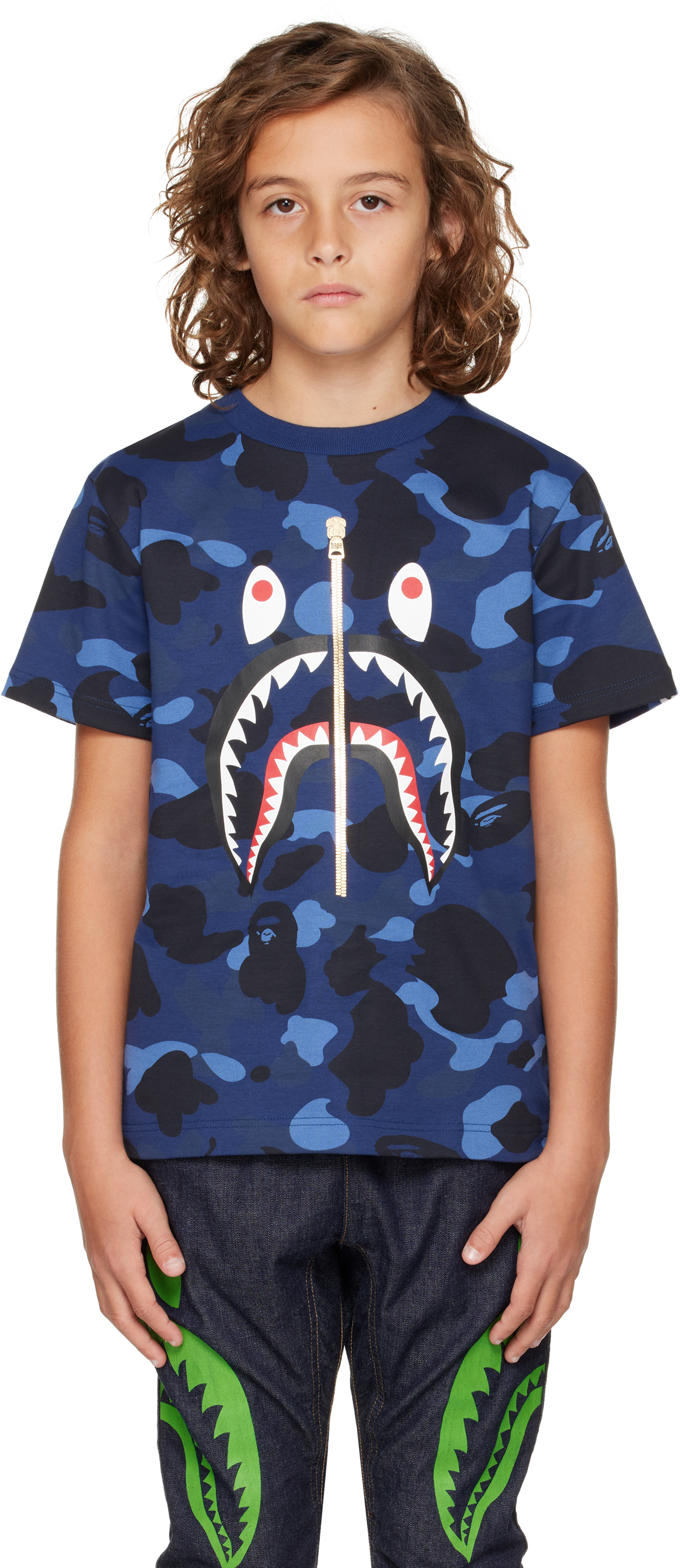 Kids Navy Color Camo Shark T shirt by BAPE SSENSE