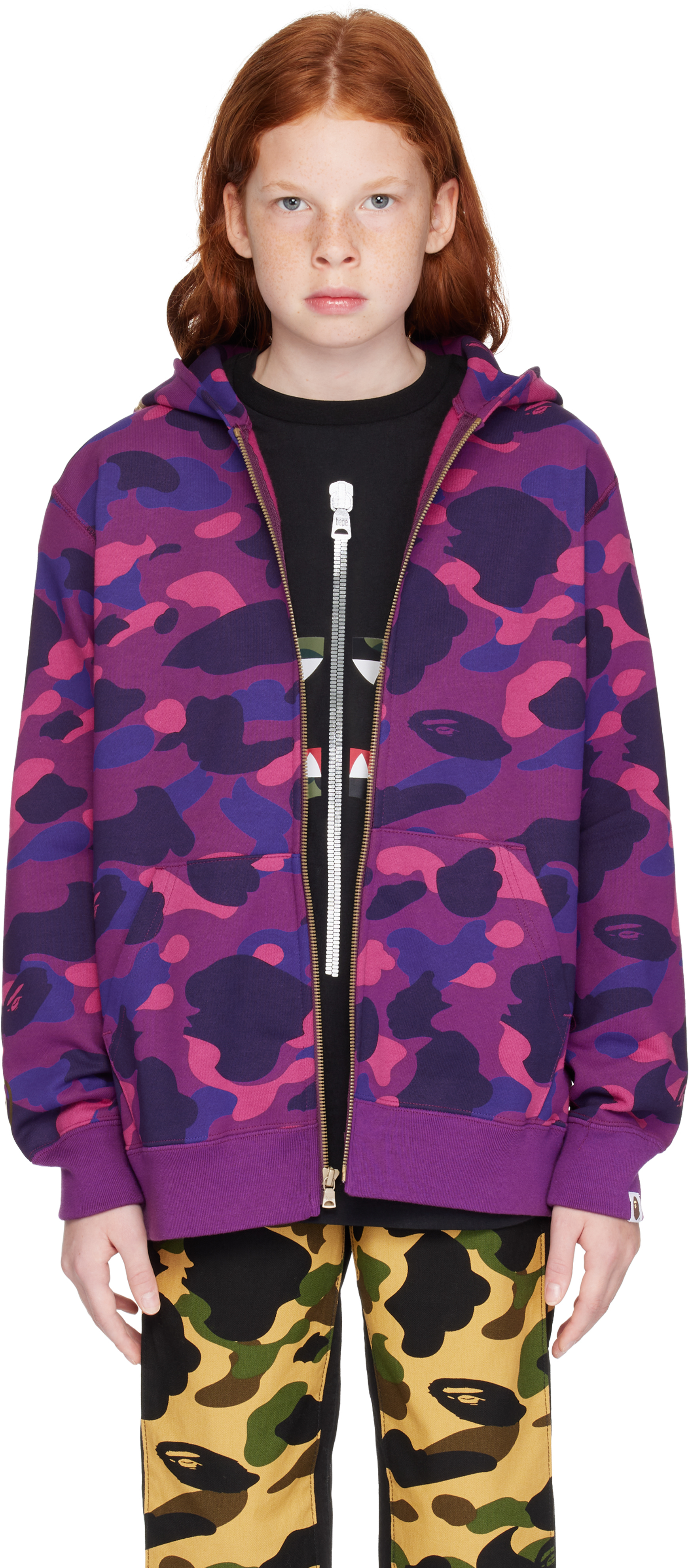 Shop Bape Kids Purple Color Camo Shark Zip Hoodie