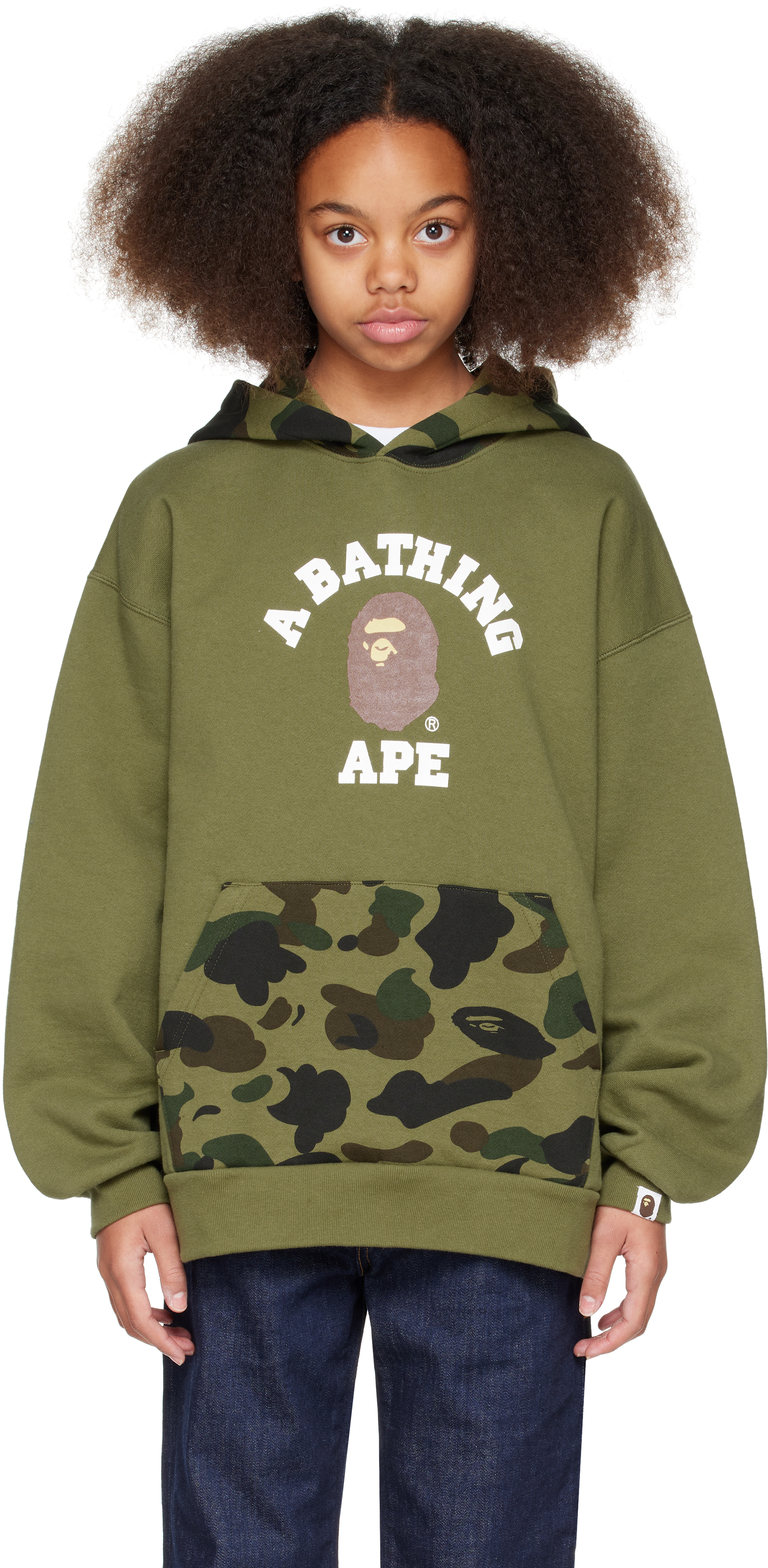 Bape Kids Khaki 1st Camo College Pullover Hoodie In Green