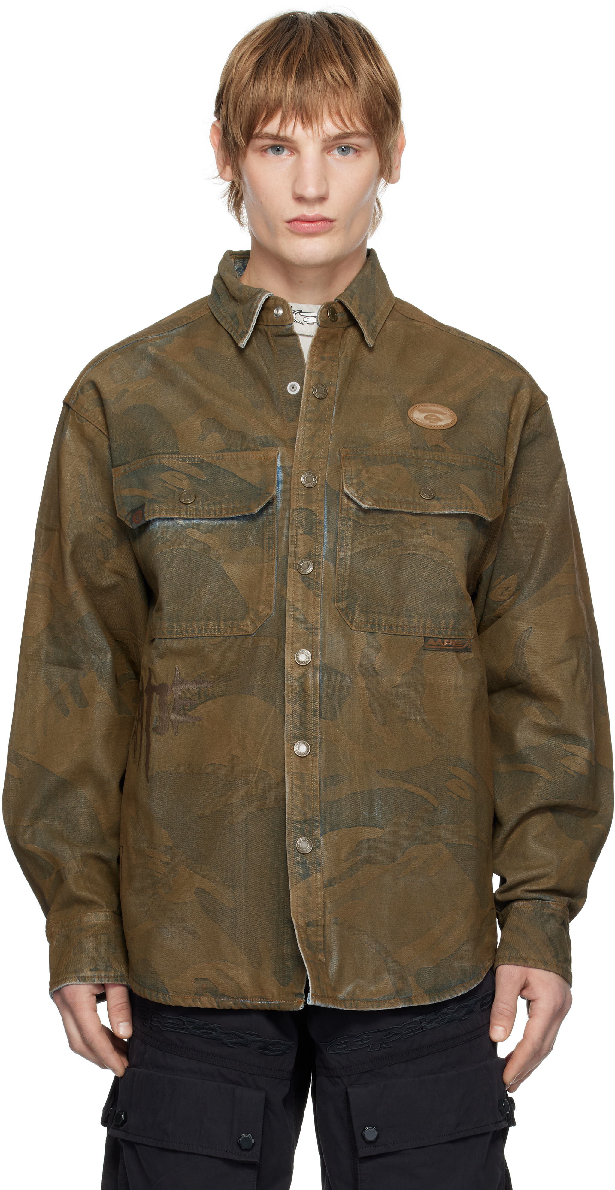 Brown Moonface Logo Camo Denim Shirt