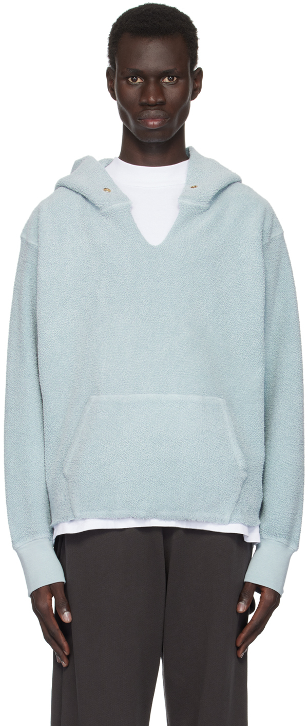 Les Tien Blue Heavyweight Raw Cropped Hoodie In Dusty Blue