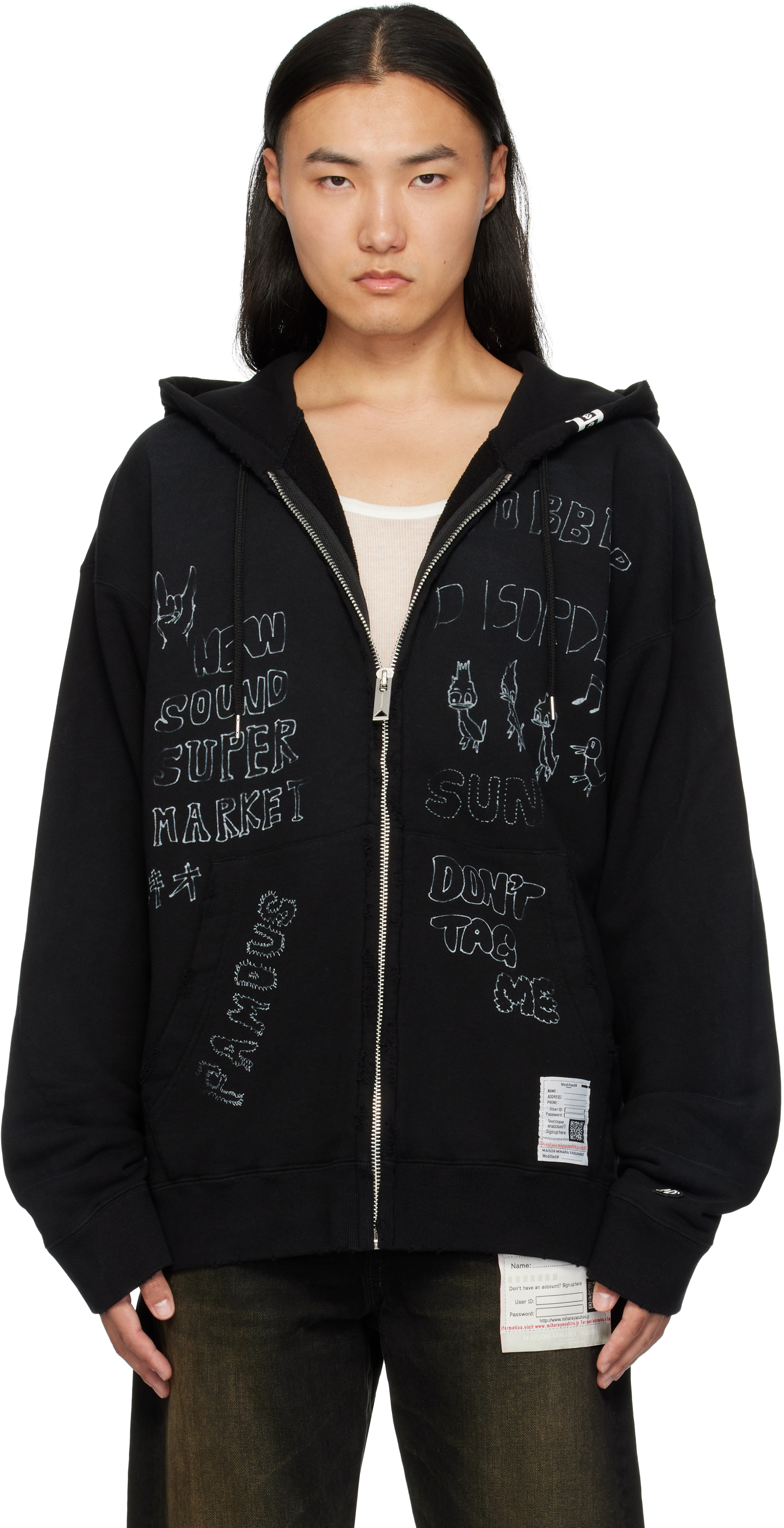 MIHARAYASUHIRO BLACK DRAWSTRING ZIP HOODIE 