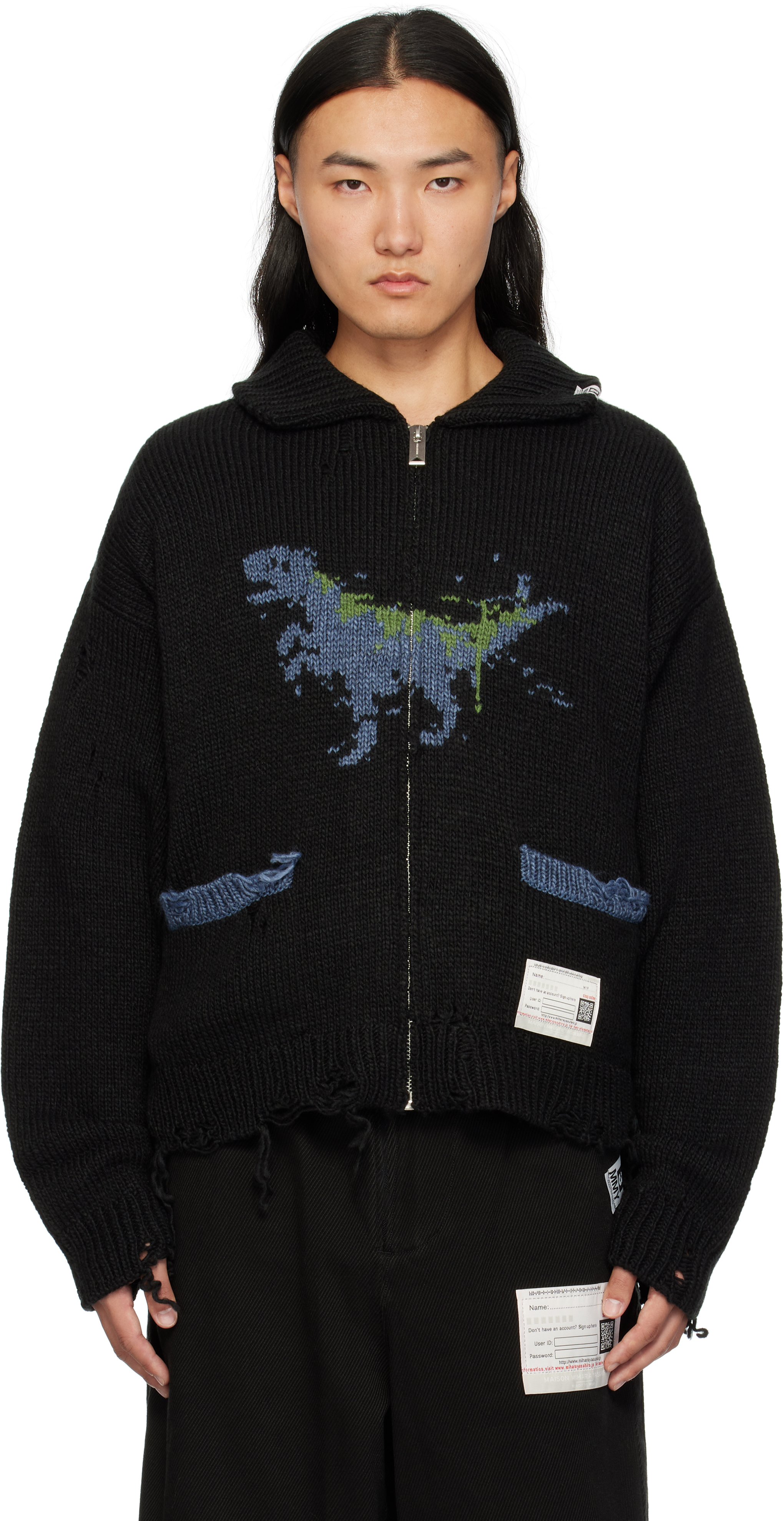 Black Dinosaur Zip-Up Knit Cardigan