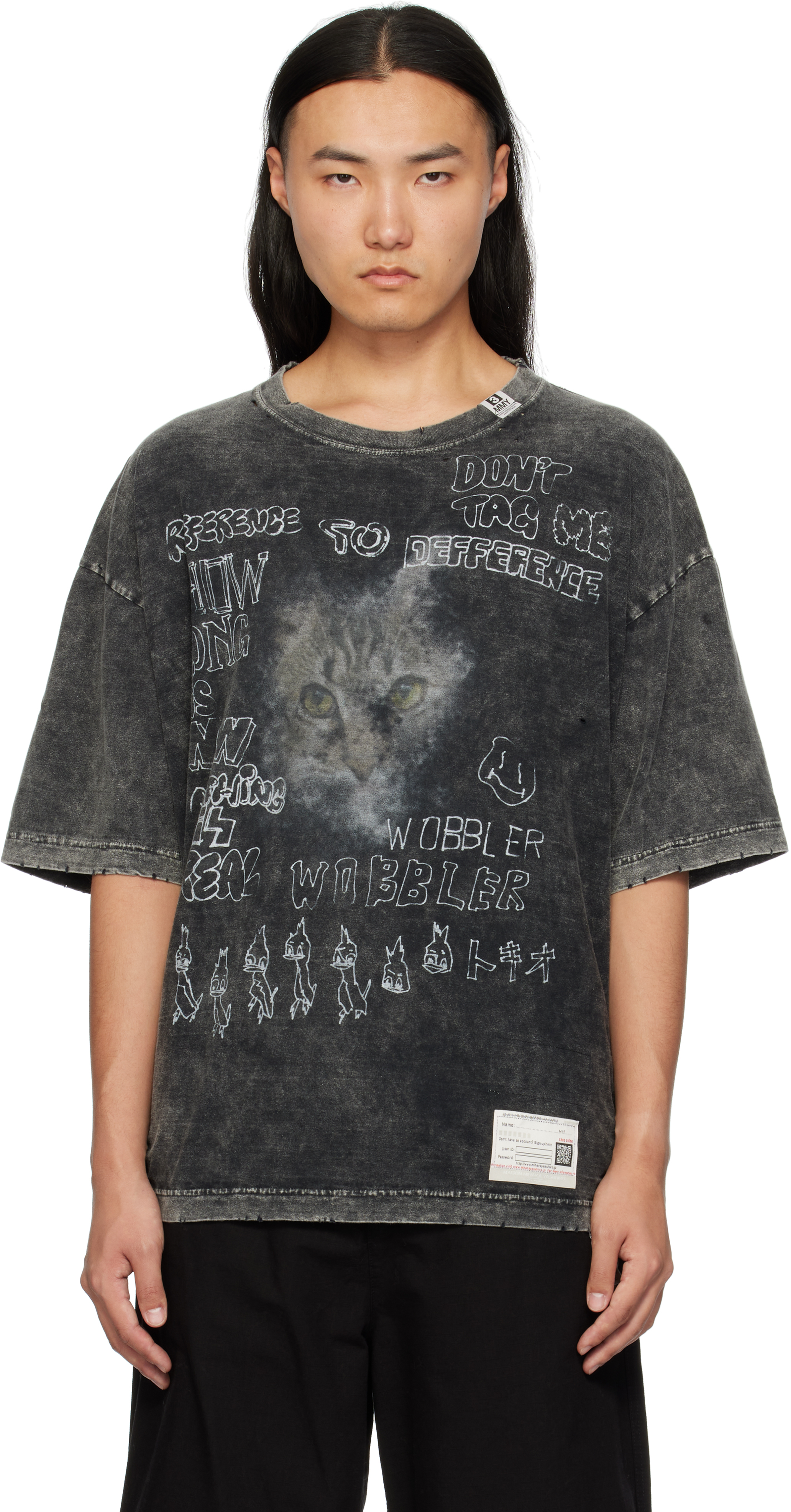 Miharayasuhiro Black Distressed Cat Print T-shirt