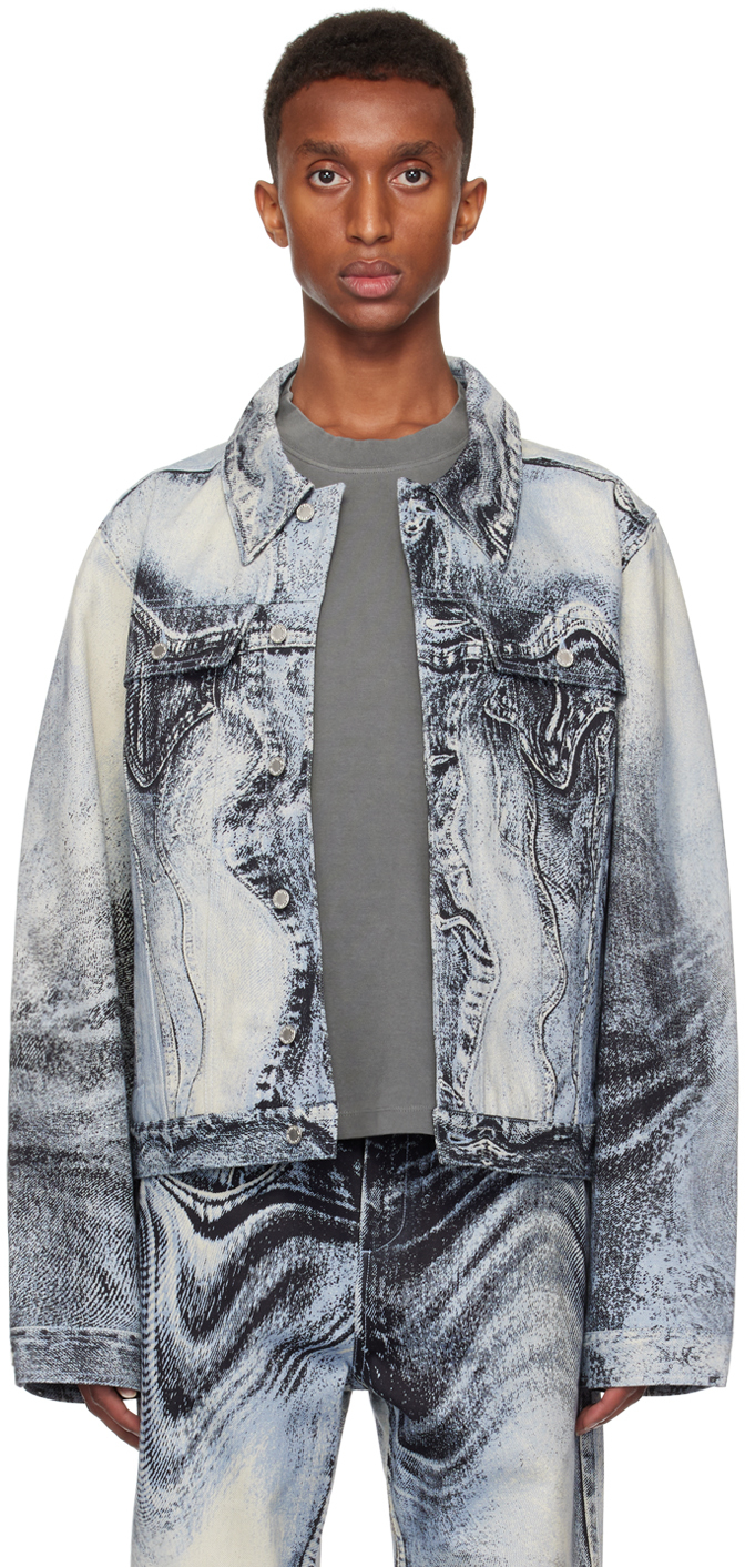 Blue Distorted Print Denim Jacket