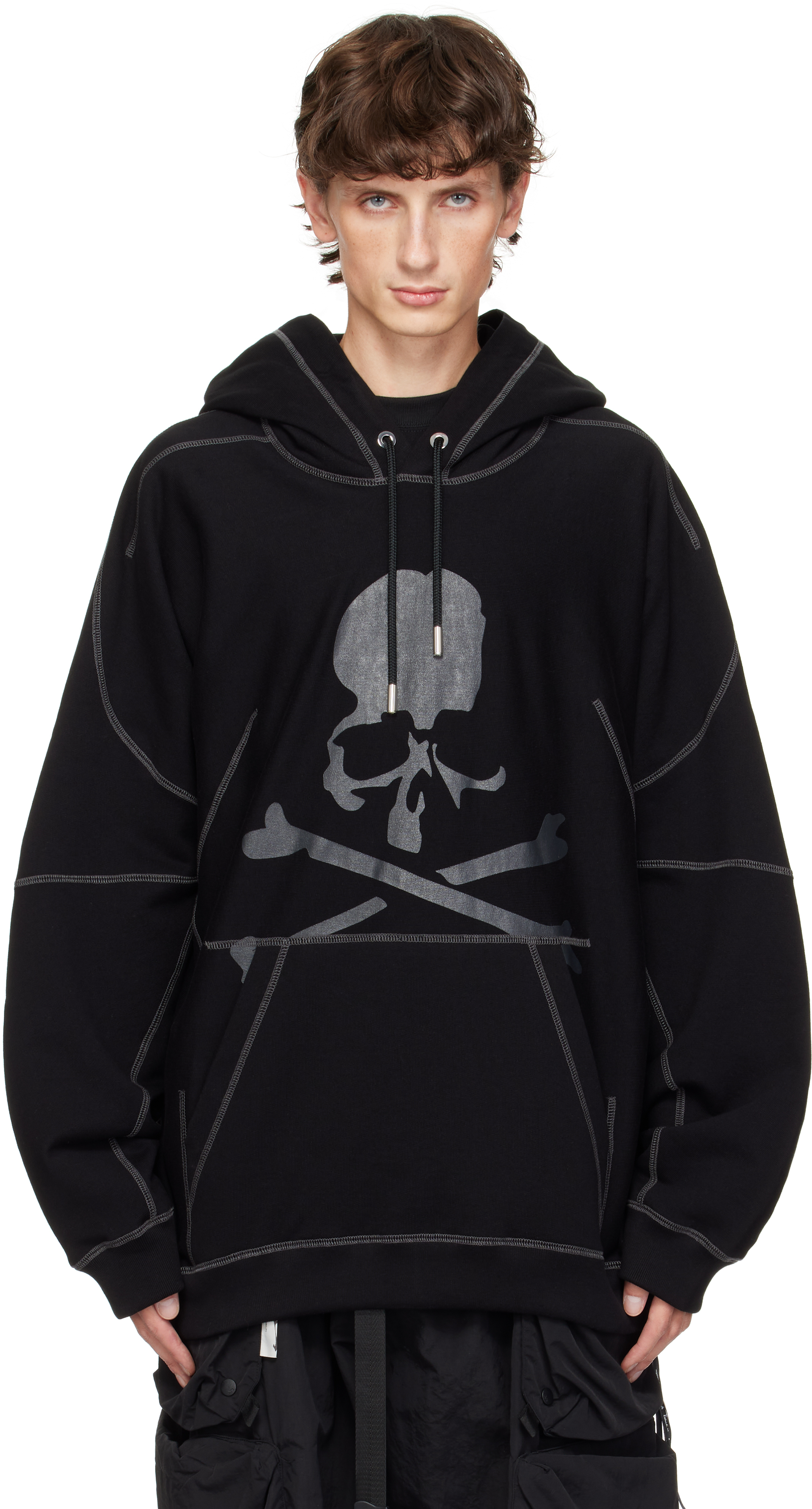 Shop Mastermind Japan Black Boxy Fit Stitching Hoodie In Black Charcoalstitch