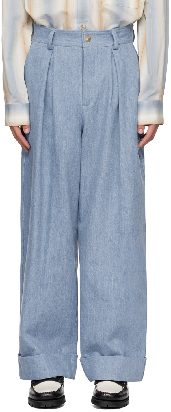 King & Tuckfield: Blue Roll Cuff Chino Jeans | SSENSE