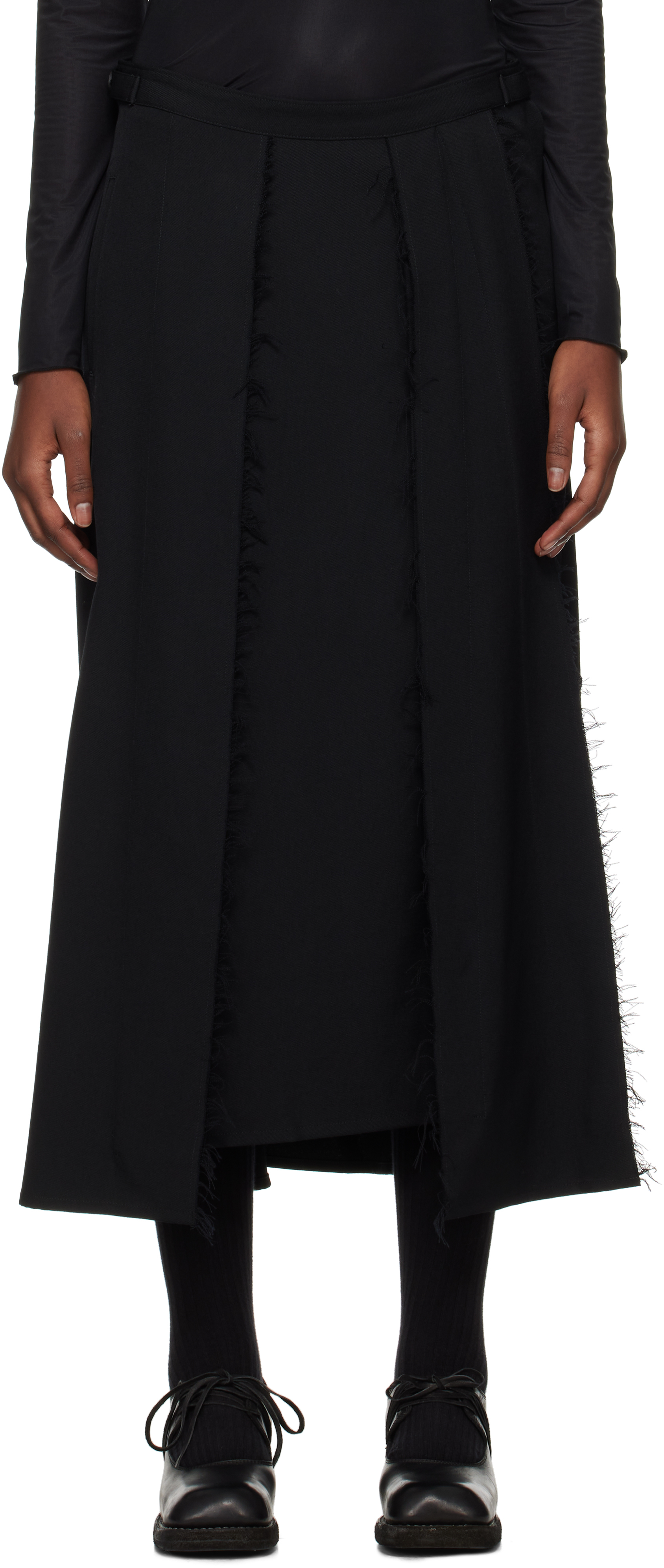 Black Paneled Pleated Midi Skirt