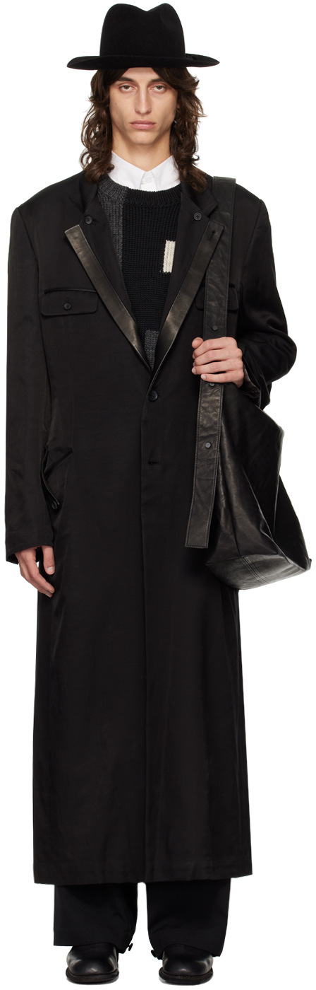 Shop Yohji Yamamoto Black Leather Collar Long Coat In 1 Black