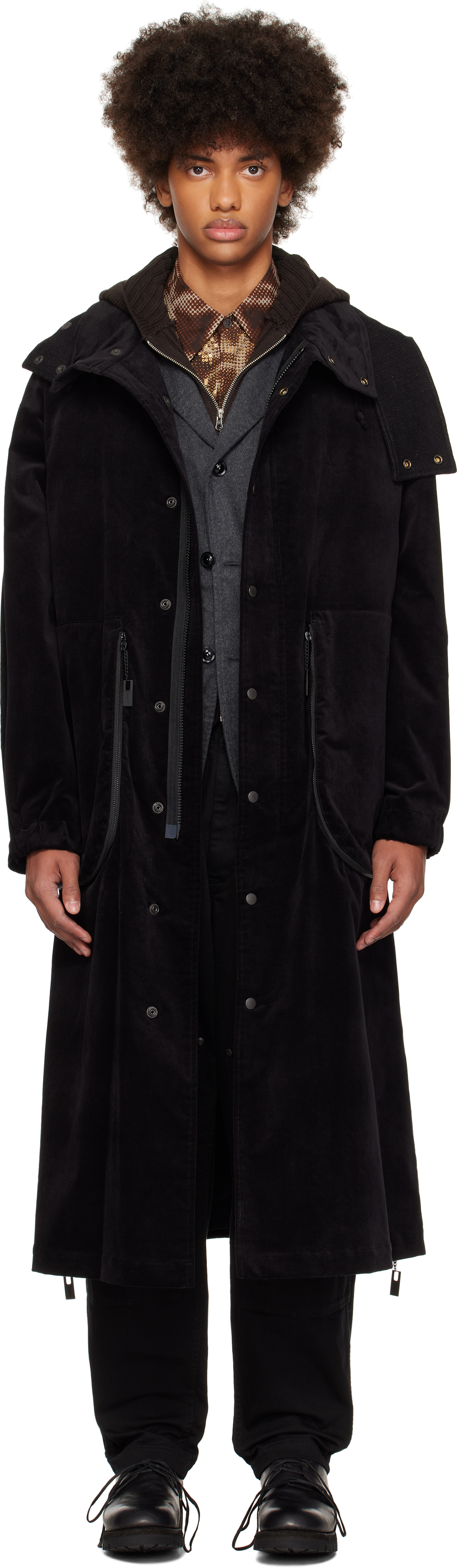 Black M-Velvet Hooded Coat