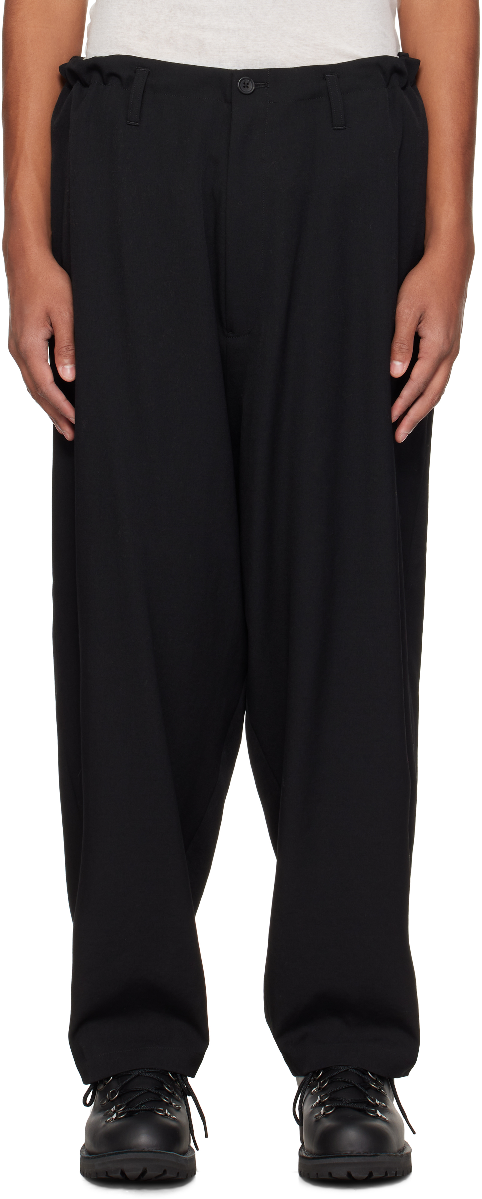 Black Wool Gabardine Side Tuck Trousers