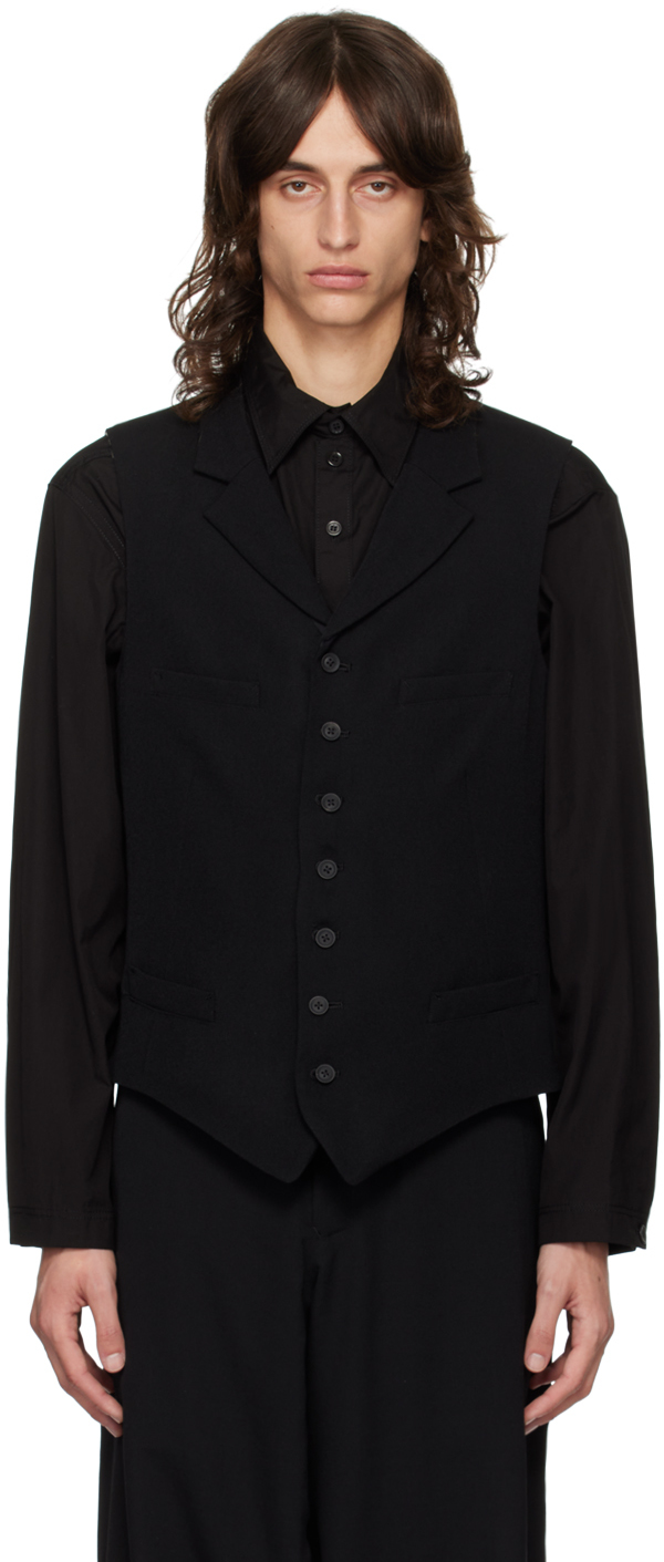 Shop Yohji Yamamoto Black Notched Lapel Gabardine Waistcoat In 1 Black