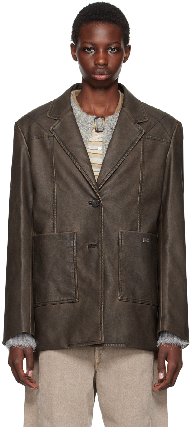 Kijun Brown Stitched Faux-leather Blazer In Dark_brown