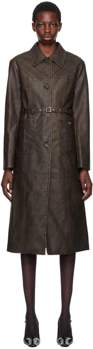 Brown Stitched Faux-Leather Coat