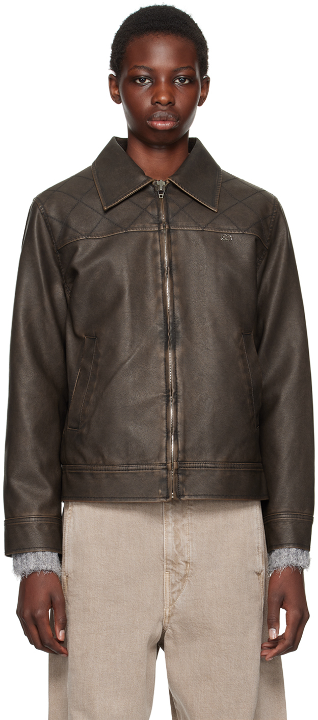 Brown Stitched Faux-Leather Jacket